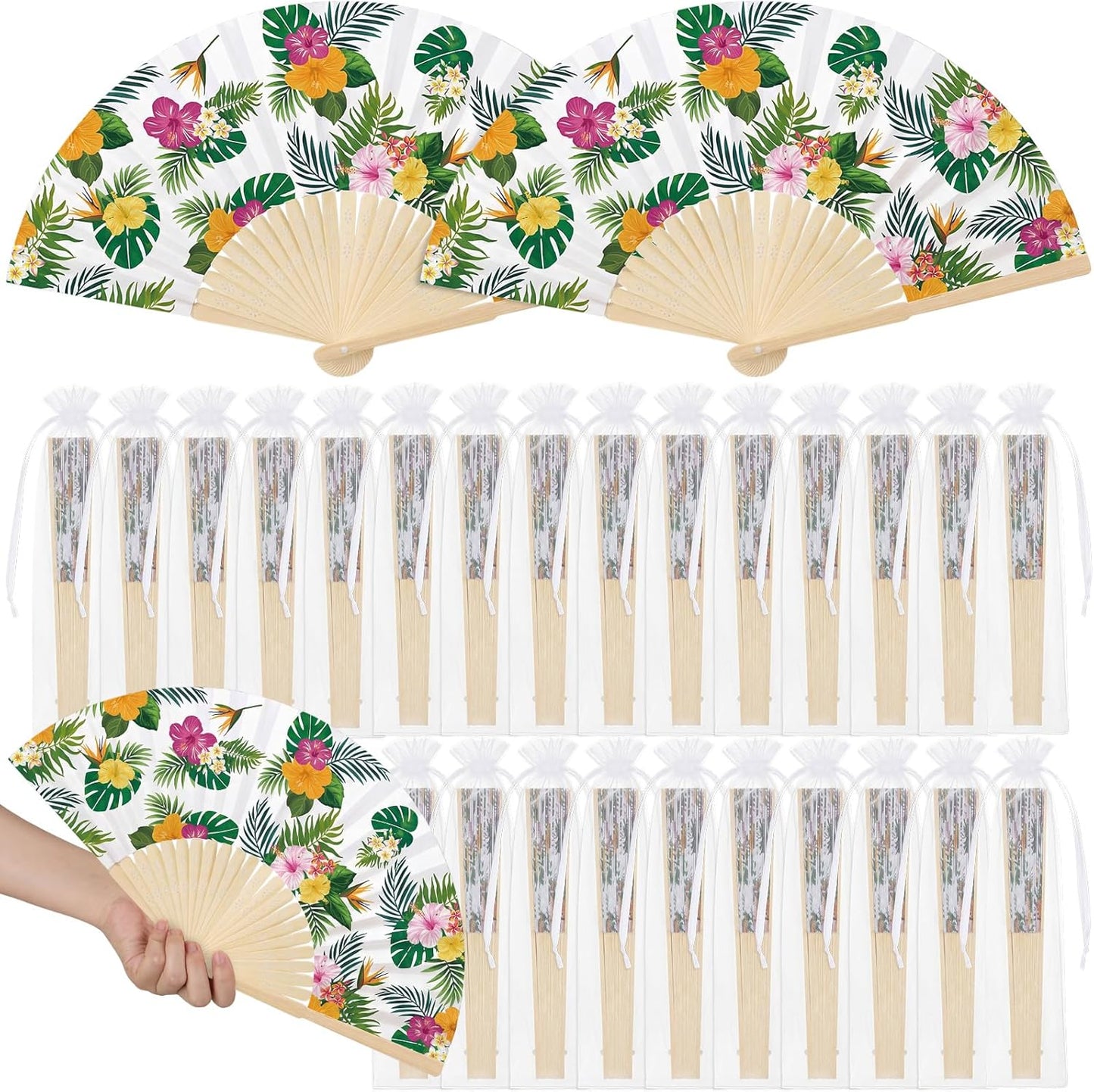 Wildflower Folding Hand Fan Set - 25 Vintage Paper Fans with Organza Bags | Perfect for Weddings & Tea Parties