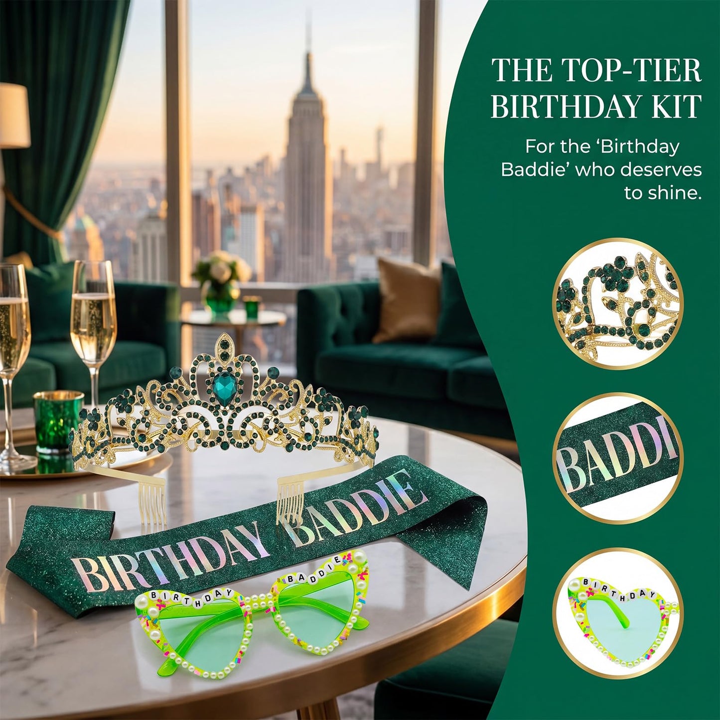 PcwBcn Birthday Baddie Glasses, Green Birthday Queen Sash Tiara Crown for Women Girls, 3 Pcs Elegant Princess Headband Hair Accessories Happy Birth Party Decorations 21st-90th Mom Birth Gifts