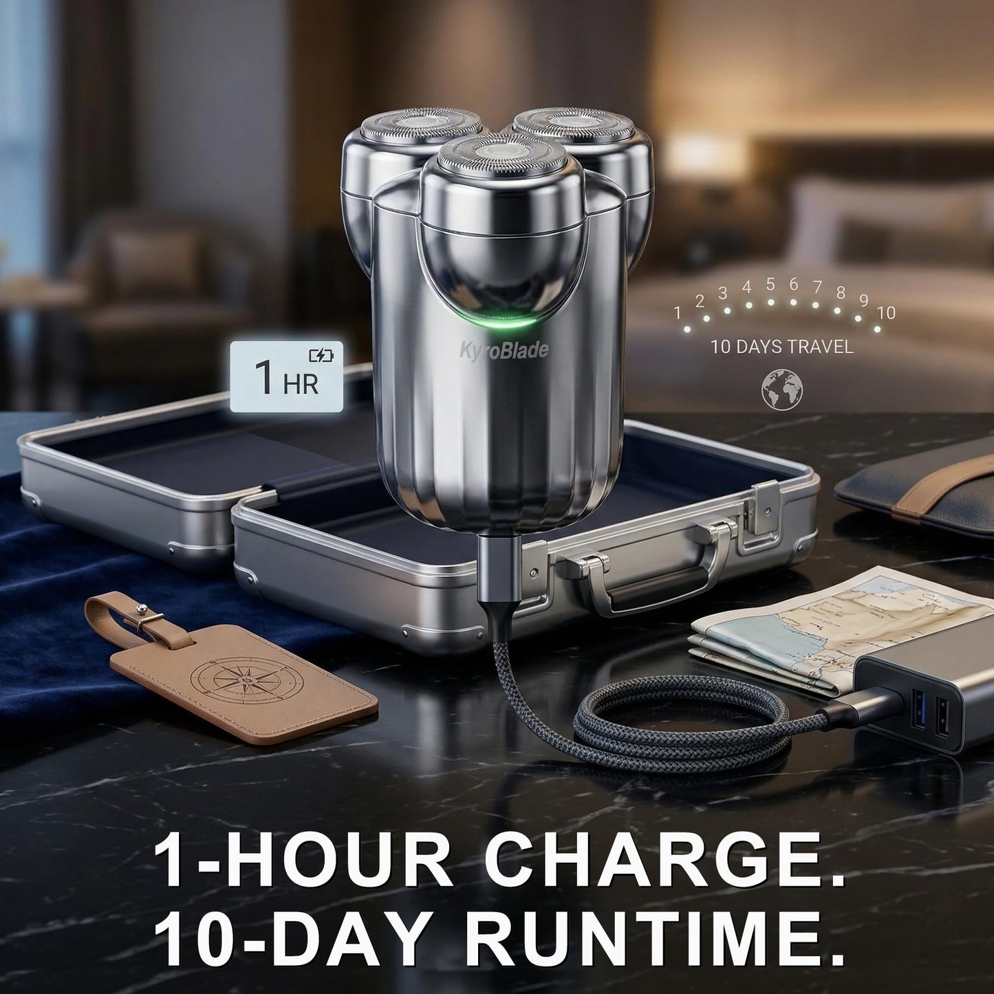 KyroBlade Mini Electric Shaver, Pocket Travel Razor with Magnetic 3-Blade Head, IPX7 Waterproof Wet & Dry, Quiet 6500 RPM Motor, 1-Hour USB Charge, Cordless Portable Shaver, Silver