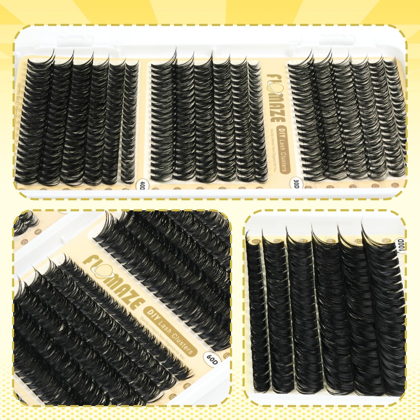 FLOMAZE Lash Clusters 30D+40D+50D+60D+80D+100D Wispy Lash Extensions 8-16mm 708Pcs D Curl Eyelash Cluster DIY Natural Eyelash Extensions