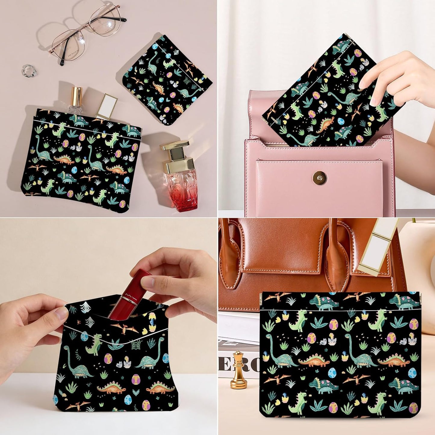 Makeup Bag Set - 2 PCS PU Leather Self-Closing Cosmetic Pouches | Portable Travel Organizer for Women - Dinosaur Design
