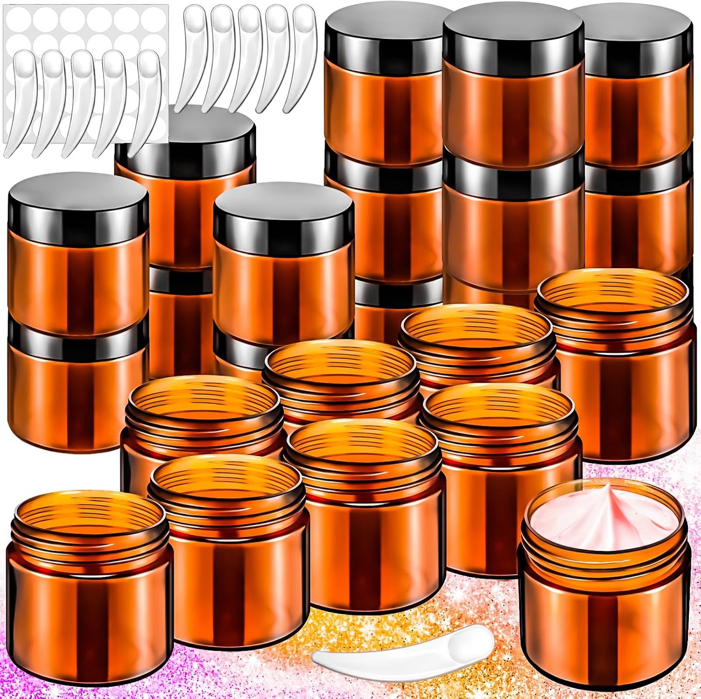 Amber Plastic Jars - 20 Pack 1oz Refillable Makeup Containers | Leakproof Travel Jars for Cream, Lotion, Powder