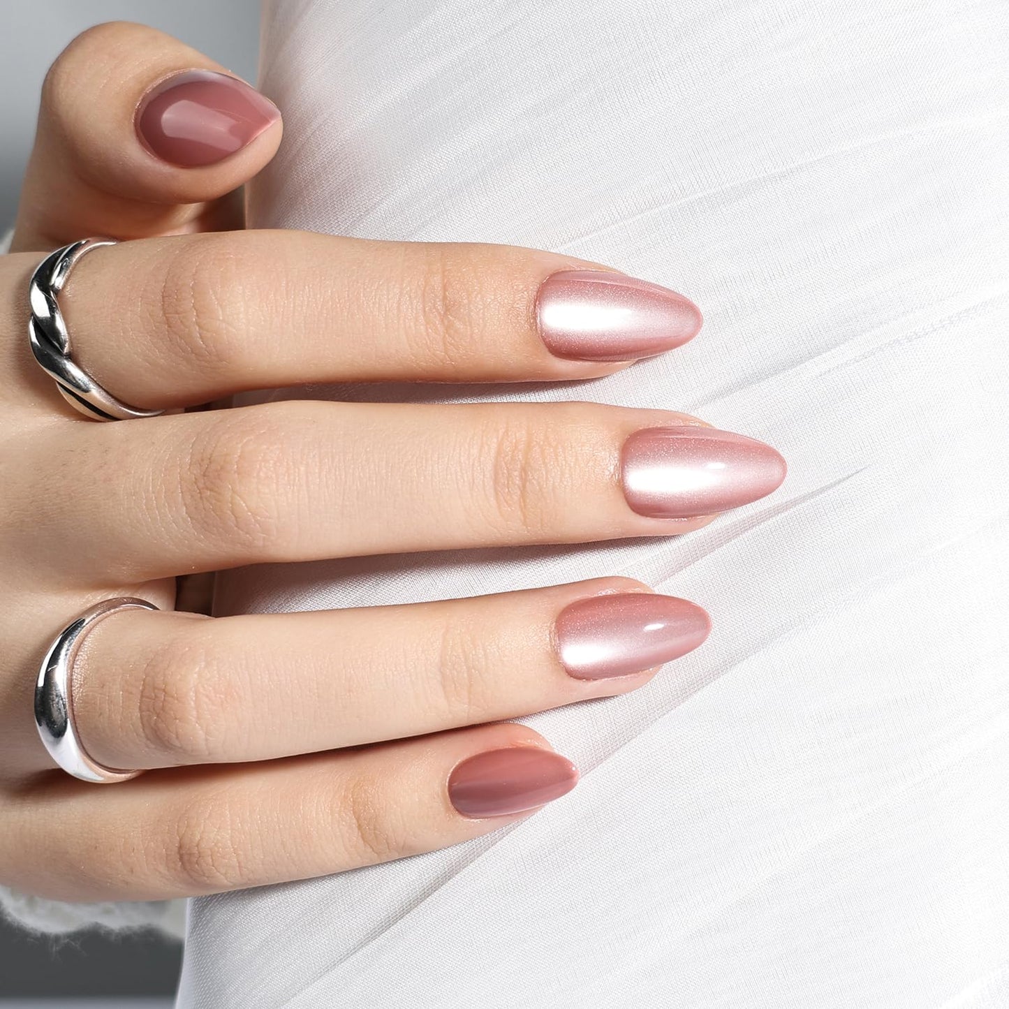 French Tip Press On Nails - Glossy Pink Almond Reusable Fake Nails | 32 Pieces in 16 Sizes with Glue