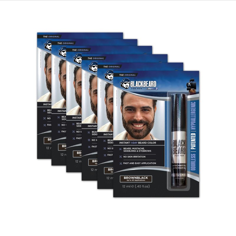 Blackbeard for Men Beard Color – 1-Day Beard, Mustache, Eyebrow, Sideburns Color – Temporary Facial Hair Tint - Hypoallergenic Beard Dye Alternative – Up to 45 applications – Brown/Black, 6 Pack