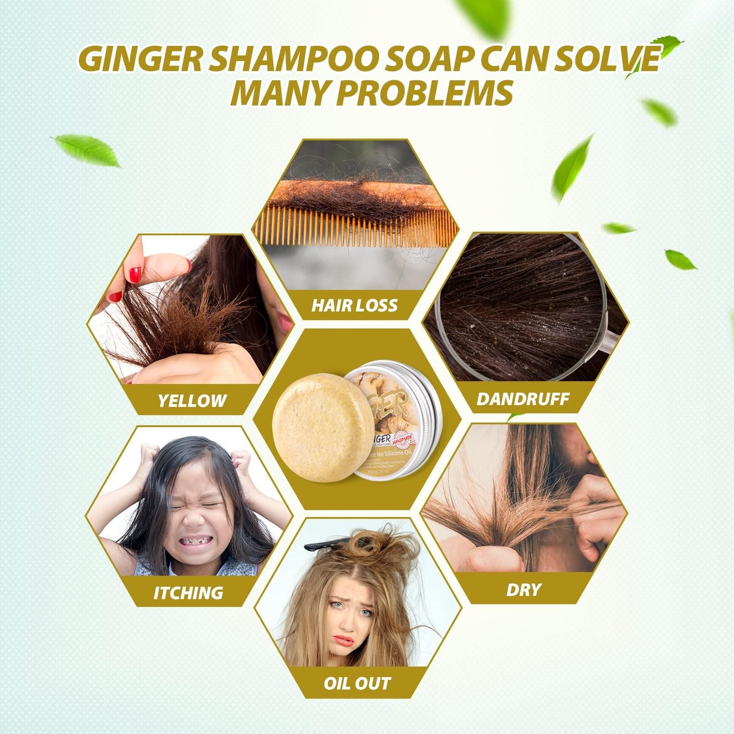 Starhig Ginger Hair Regrowth Shampoo Bar, 3 Pcs, Natural Organic, Promotes Growth, Repairs Damaged Hair, Suitable for All Hair Types