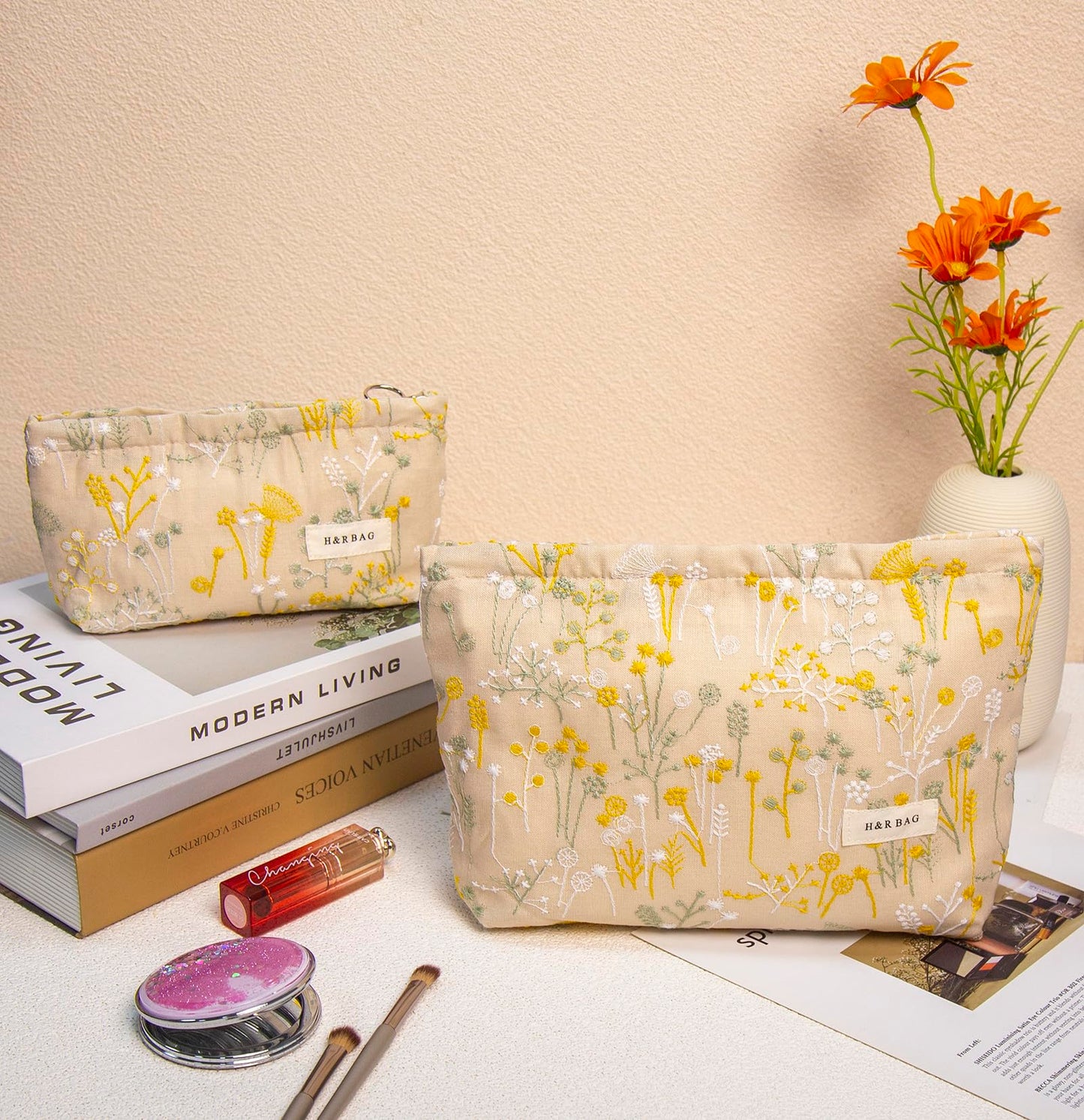 getgto 2 Pcs Makeup Bags, Large Cosmetic Bag Travel Toiletry Bag Organizer for Women, Embroidery Craft, Floral Makeup Bag Small Cosmetic Pouch Purse with Zipper Gifts for Girls Teen
