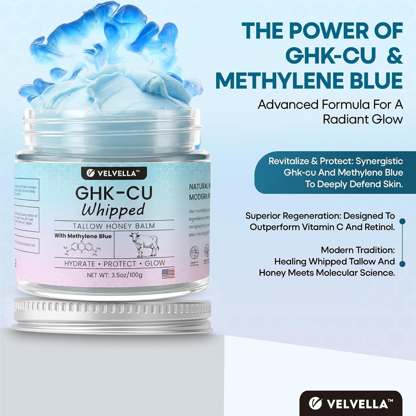 4% GHK-Cu Copper Peptides Cream - Grass-Fed Beef Tallow Balm for Skin | 3.5 oz Moisturizer with Methylene Blue, Manuka Honey & Vitamin E