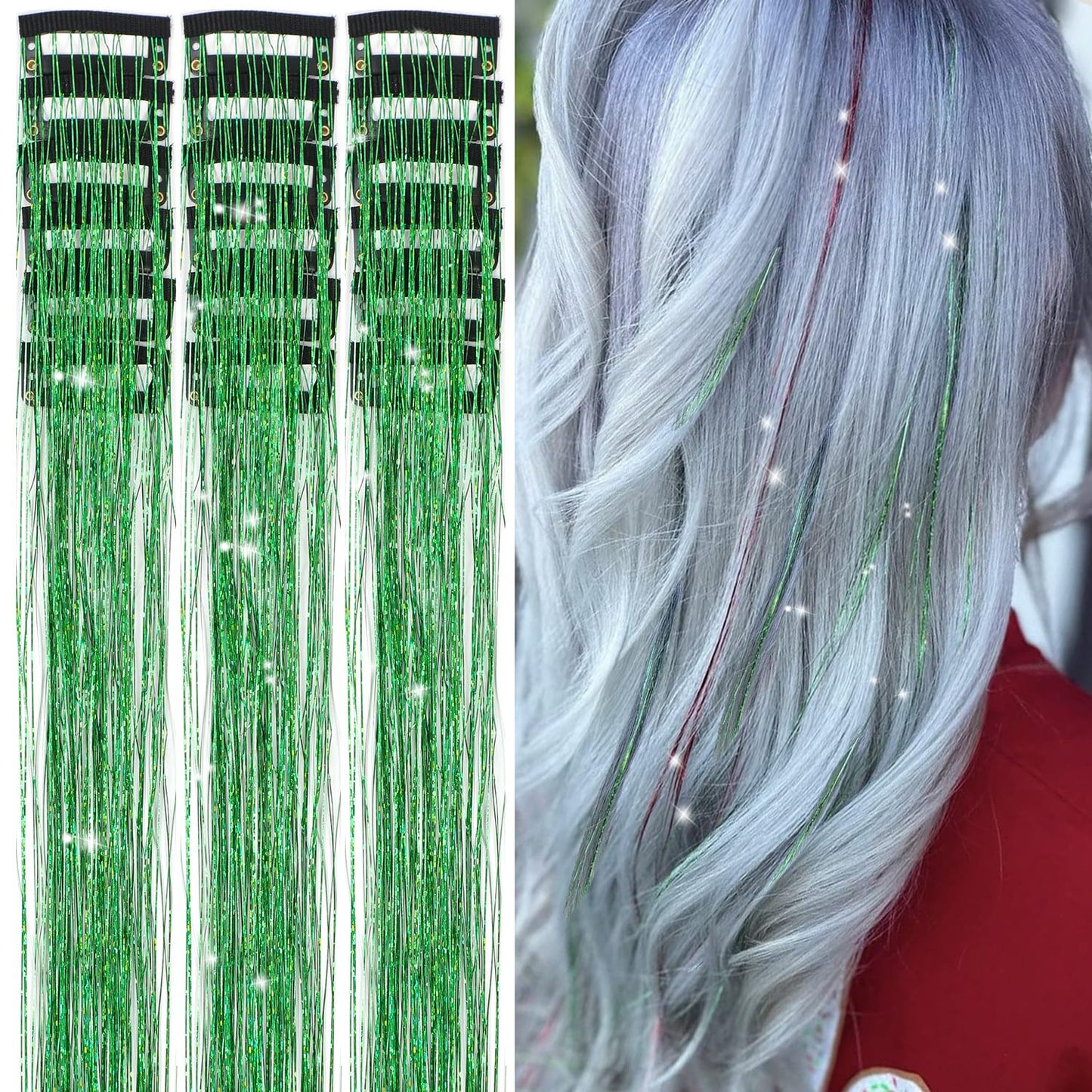 Aokomisu Hair Tinsel Pack of 18 Pcs Hair Tinsel Clip in 20 Inch Clip in Hair Tinsel Kit Glitter Tinsel Hair Extensions Fairy Dazzle Hair Accessories for Girls Kids Women (Green)