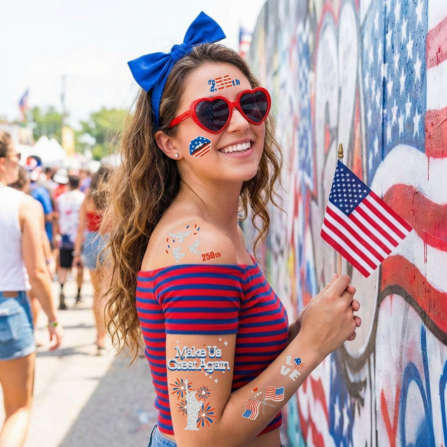 Vagilelf 250th Anniversary Decorations, 3 Sheets 4th of July Tattoos, America 250 Merchandise with Premium Silver Foil, Shimmering Red White and Blue Patriotic Body Stickers for USA Party Decorations