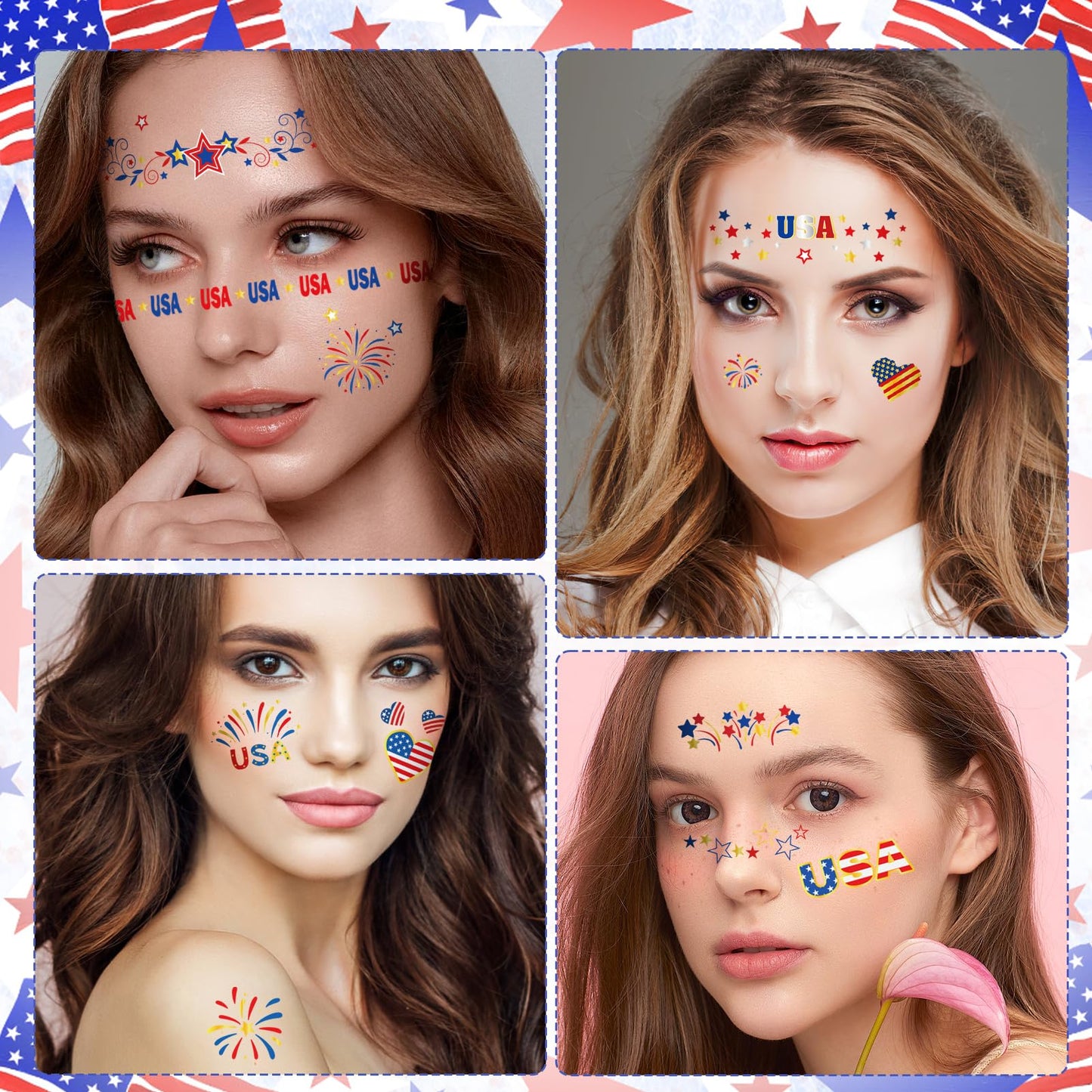 HOWAF 4th of July Body Tattoos, Women 4th of July Parade Outfit, Red White Blue Star Stripe Lace Temporary Tattoo Face Tattoo for USA 250th Anniversary Accessories, 250 Years of Freedom Favors