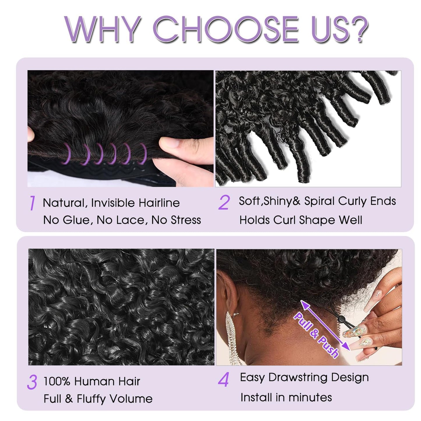 Burmese Curly Half Wig - 220 Density Human Hair | Beginner-Friendly Glueless Design, 16 Inch Natural Color