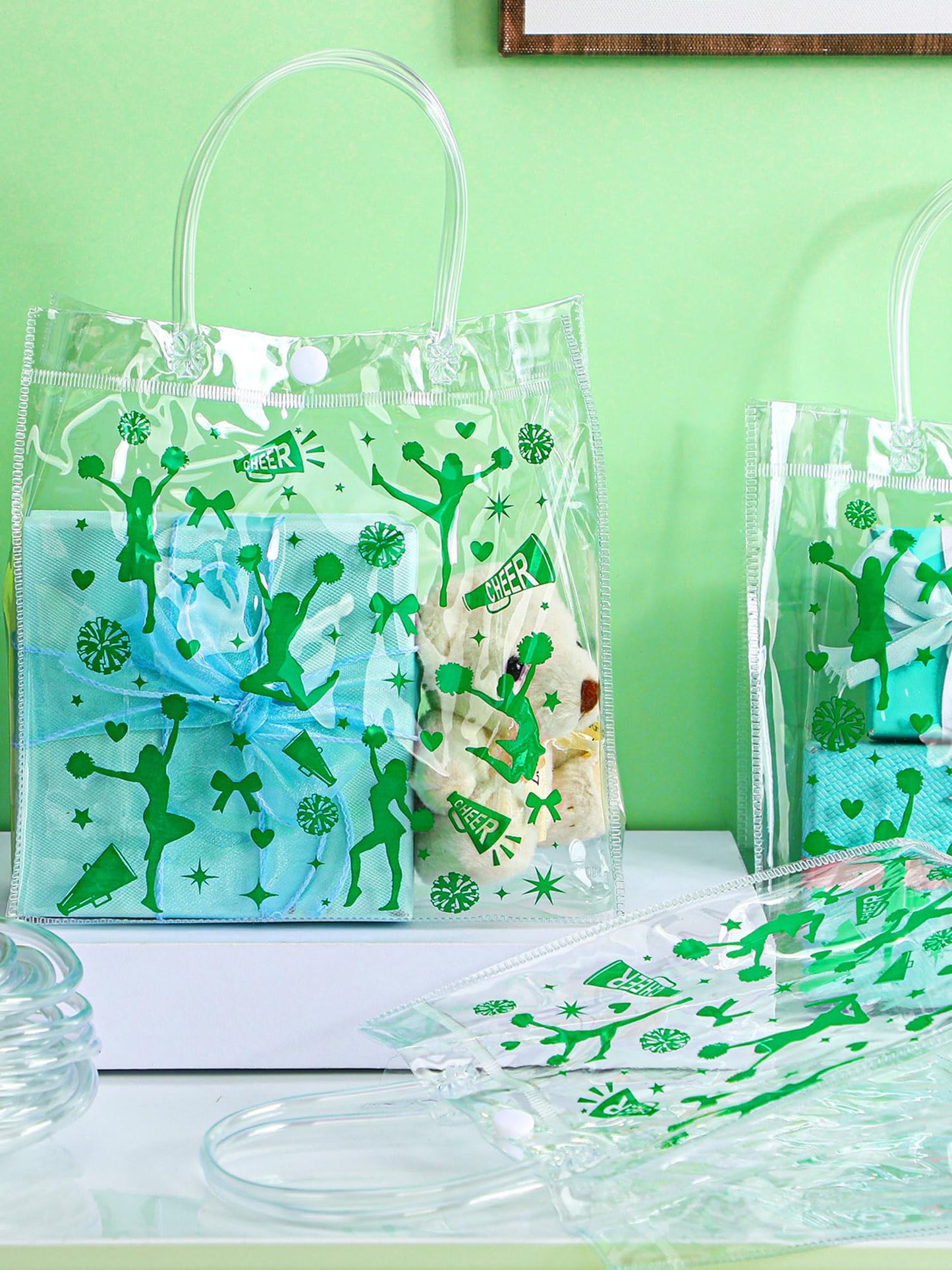 Sweetude 24 Pcs Cheer Clear Treat Bags with Handles for Cheer Team Cheerleader Gift Bag Bulk Cheerleader Party Supplies(Green)