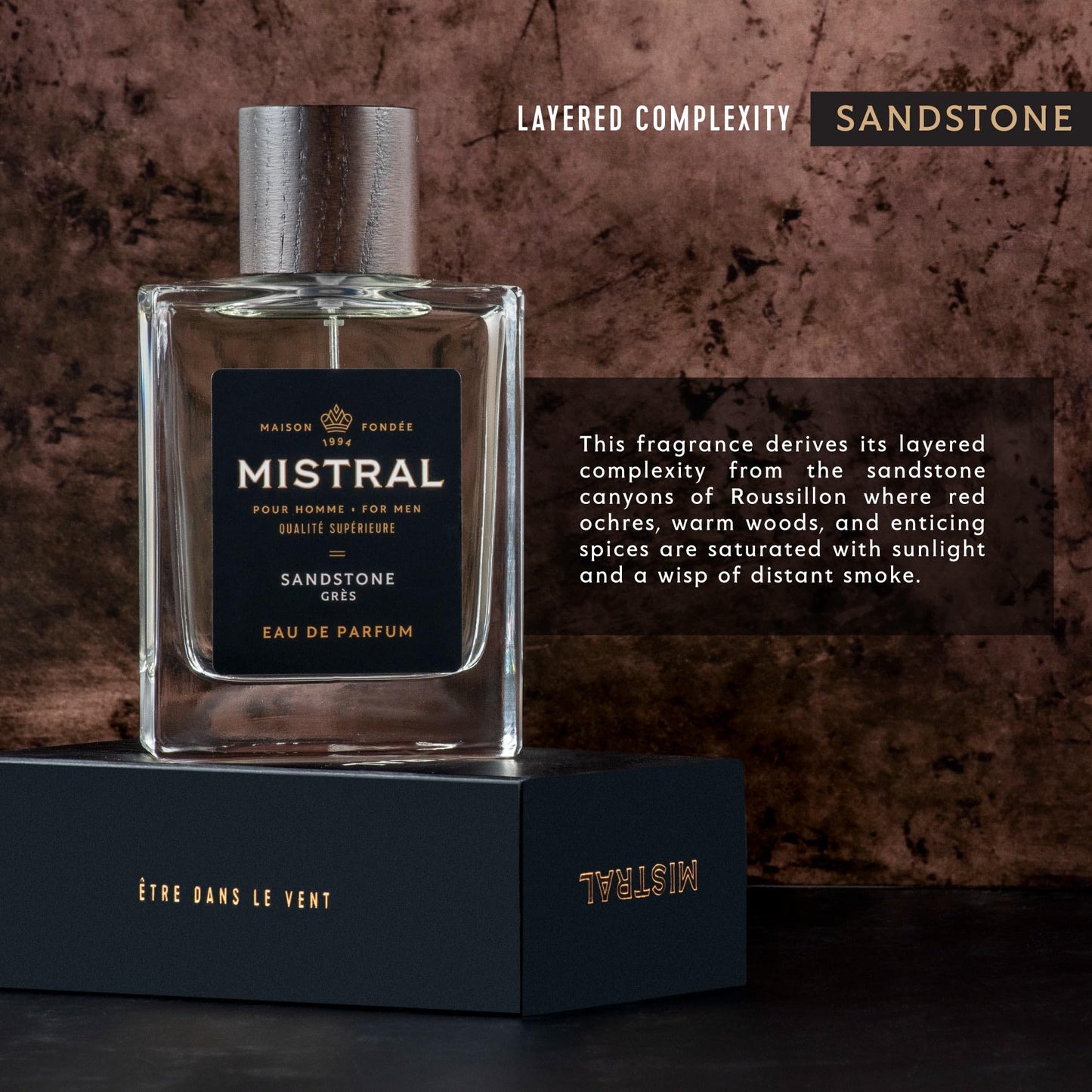 Mistral Men’s Cologne – Sandstone Eau de Parfum | Earthy & Spicy Masculine Scent with Lemon, Patchouli & Orange Blossom | Cruelty-Free & Long-Lasting Perfume for Men, Made in France - 3.4 Oz