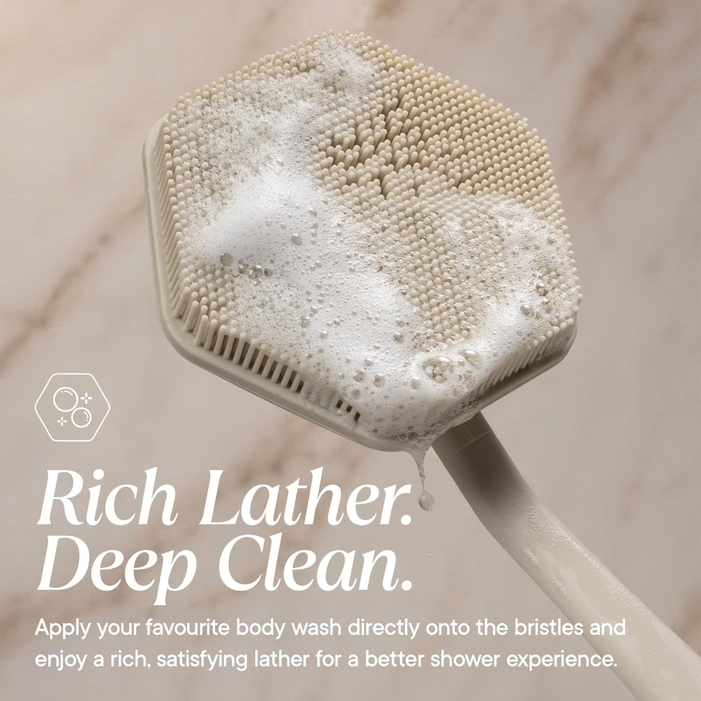 Silicone Back Scrubber for Shower | Exfoliating Body Brush with Long Ergonomic Handle & Non-Slip Grip - Sand Color