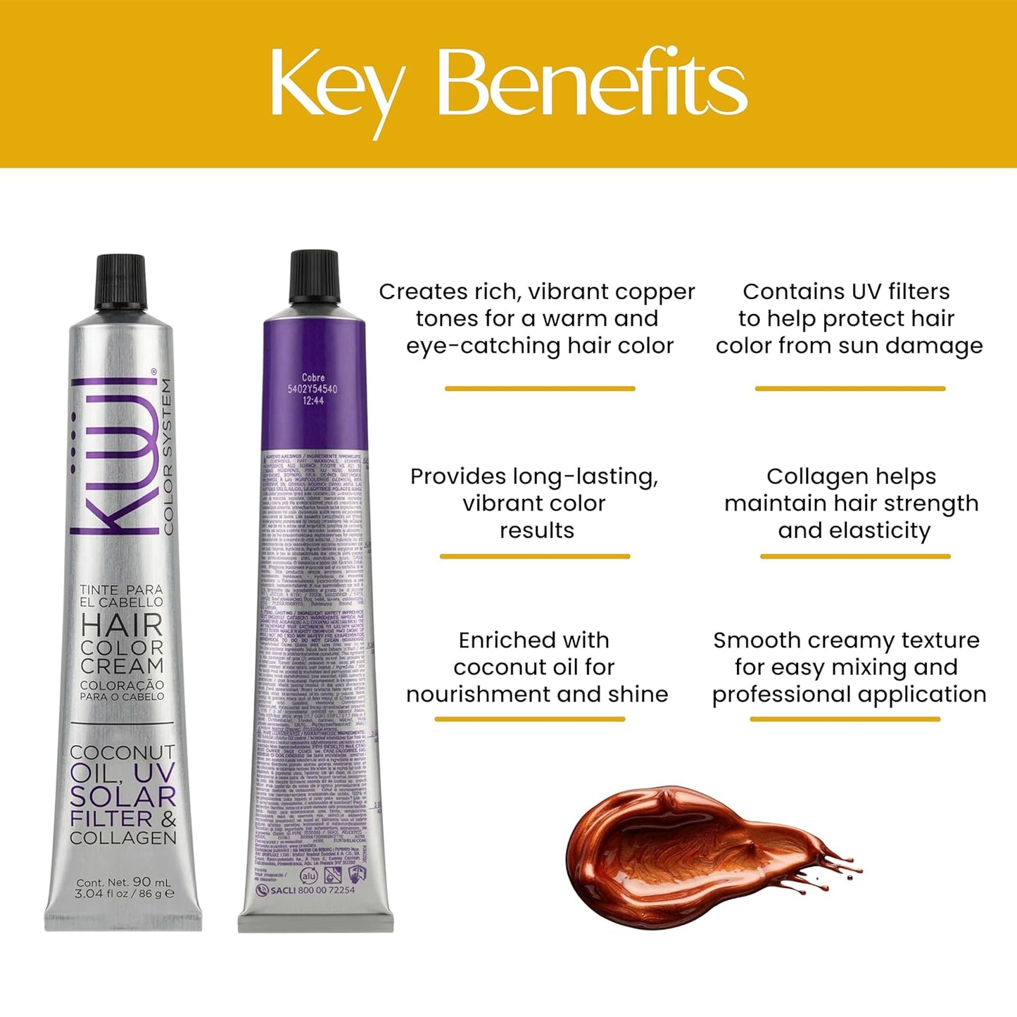 Permanent Copper Hair Dye Cream - Coconut Oil & Collagen for Gray Coverage | 3.04 fl oz / 90 ml