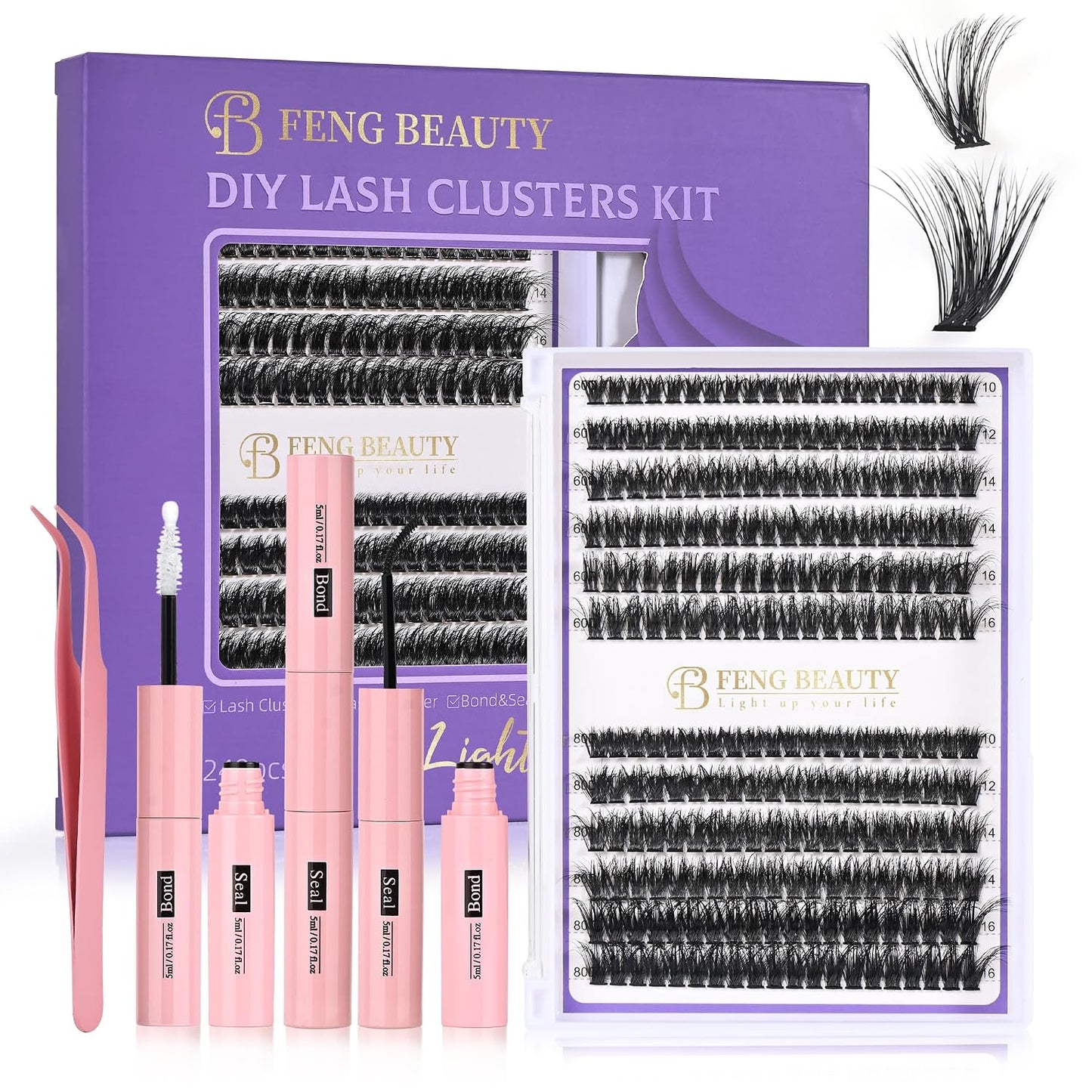 Ultra-Light Lash Clusters Kit - 240PCS Fluffy Wispy Volume | 10-16mm Mixed Lengths, Bond & Seal, Waterproof