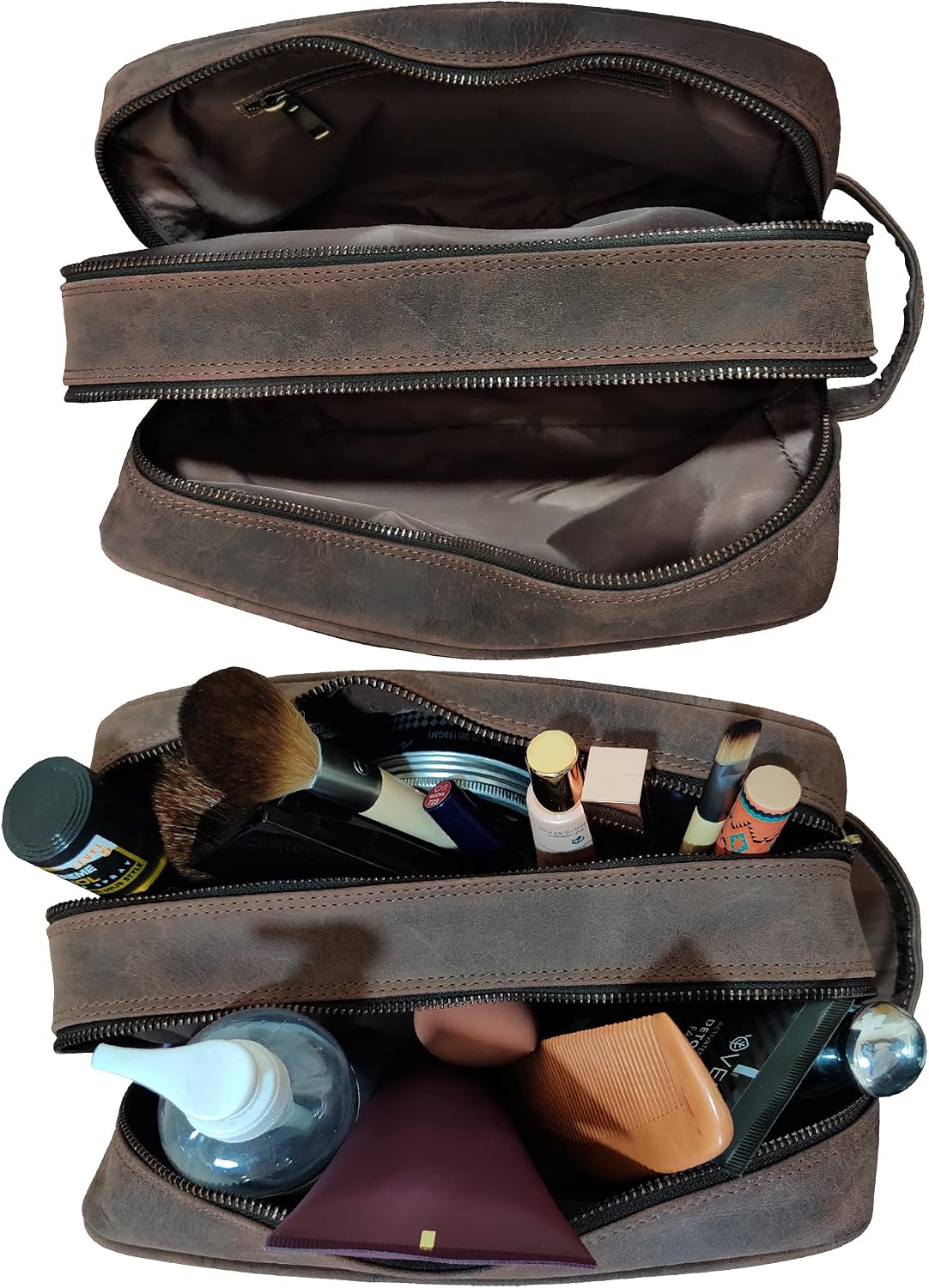 Full Grain Leather Travel Toiletry Bag - Rustic Town Cosmetic Organizer | Dark Brown