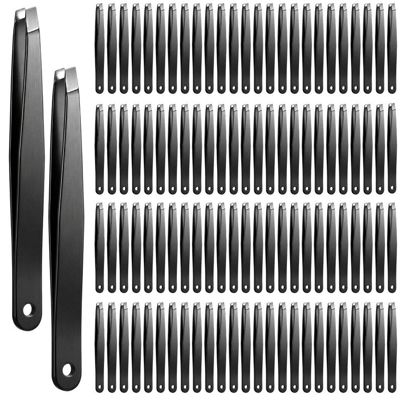 100pcs Slanted Eyebrow Tweezers, Black Stainless Steel Precision Tweezers for Facial Hair, Ingrown Hair, Lash Extensions & Personal Grooming - Bulk Professional Set