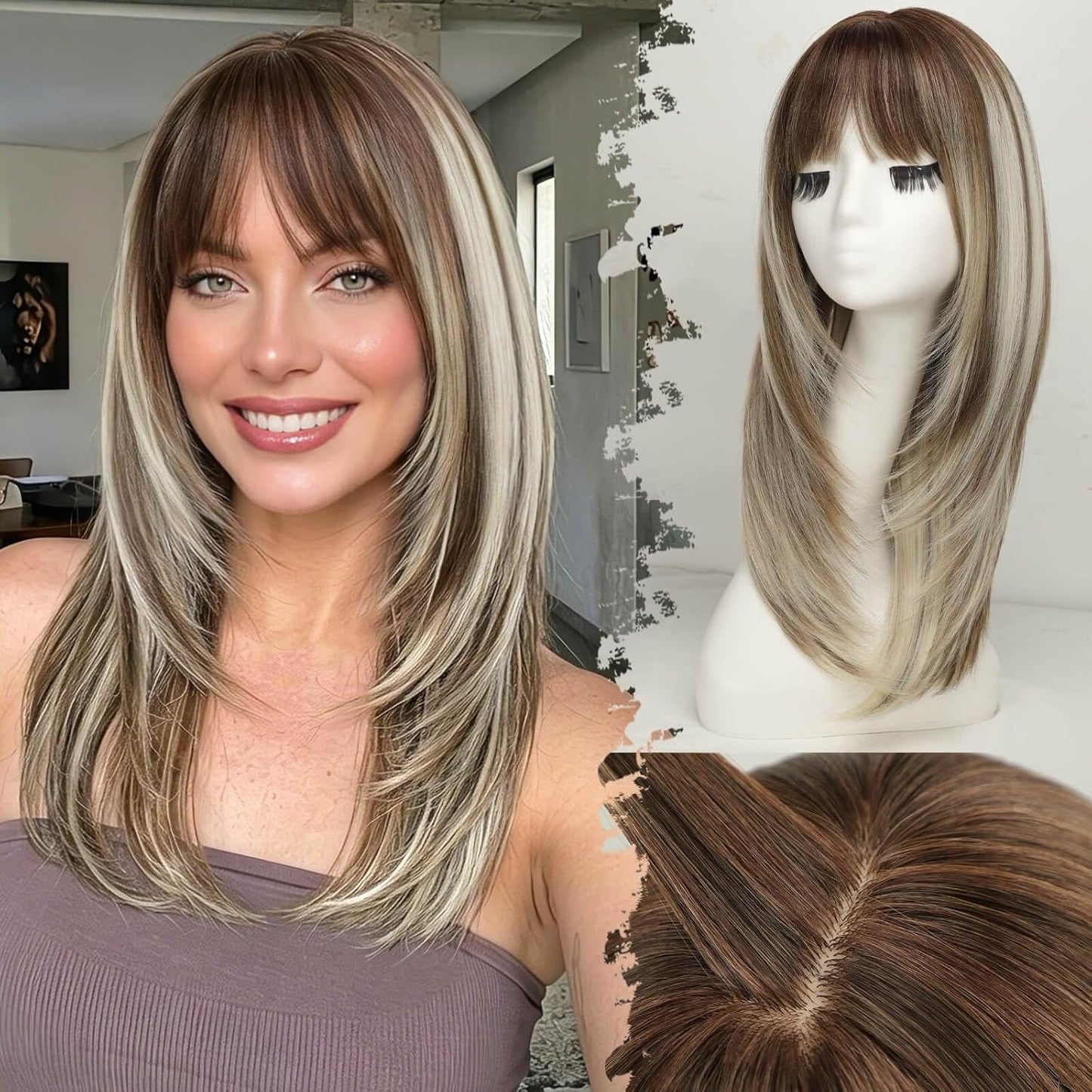 Beginner-Friendly Ash Blonde Wig with Bangs - 4x4 Glueless Synthetic Hair, Medium Length, Face-Framing Layers