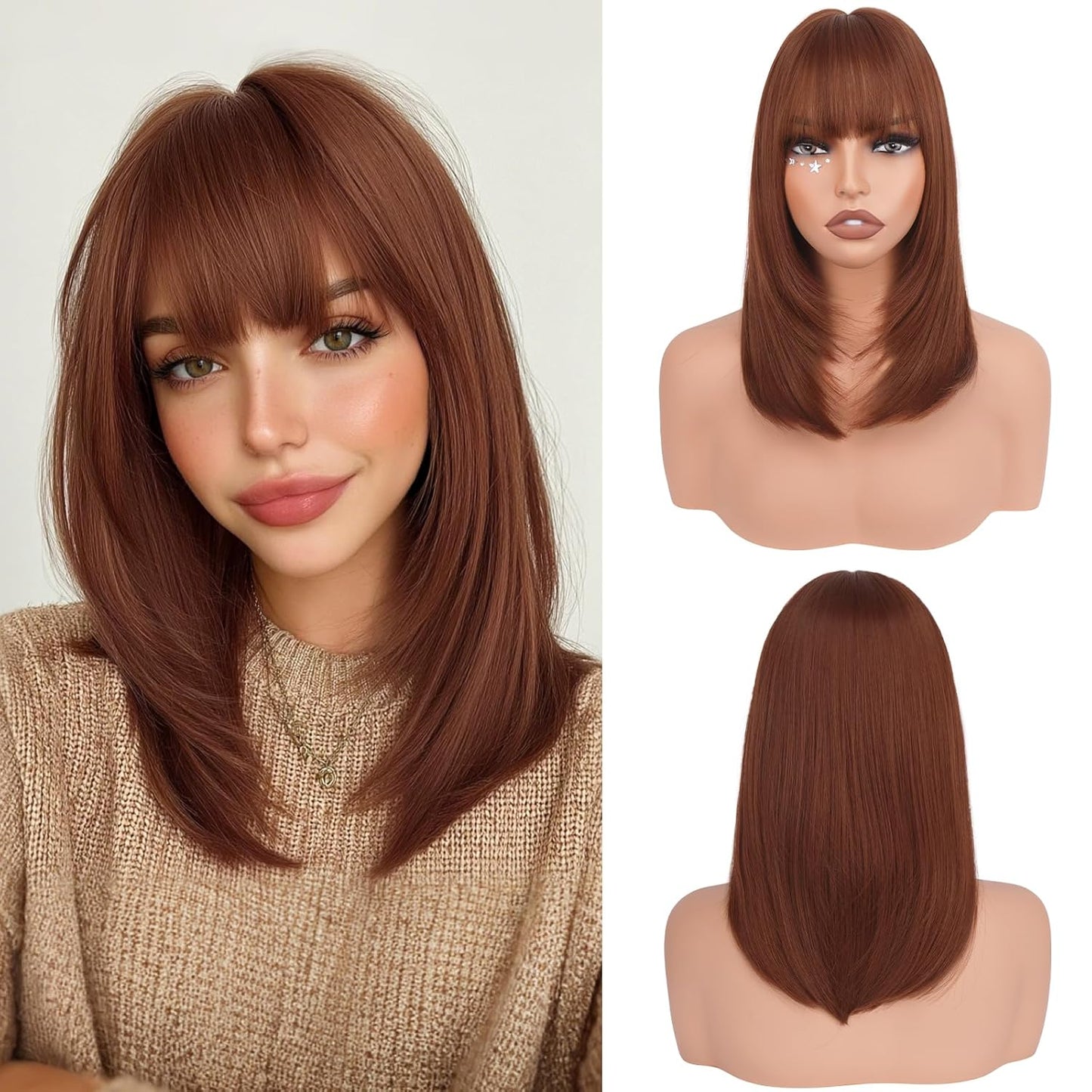 Blonde Bob Wigs with Bangs - Shoulder Length Straight Synthetic Hair | 16 Inch Platinum Blonde
