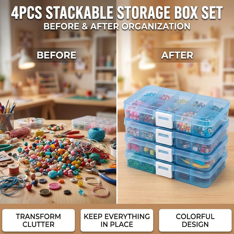 Stackable Plastic Organizer Boxes - 4-Pack Jewelry & Craft Storage Case | Waterproof Bead & Tackle Holder - Blue