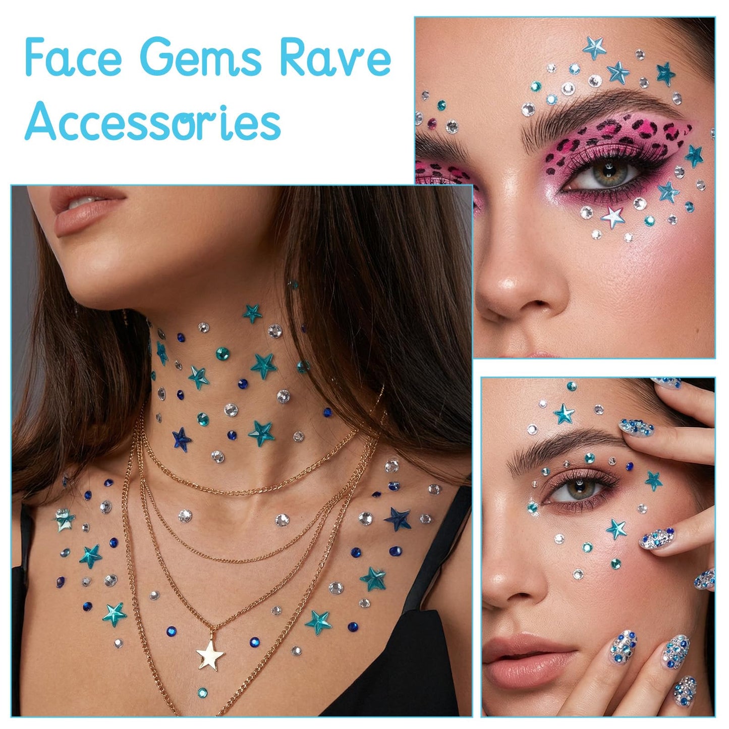 8 Sheets Self-Adhesive Rhinestone Stickers, Star and Circle Face Jewels, Blue Silver Penta Angel Gems for Festival Holiday Party Makeup, Face Rhinestones Diamonds for Body Nails Hair Decoration