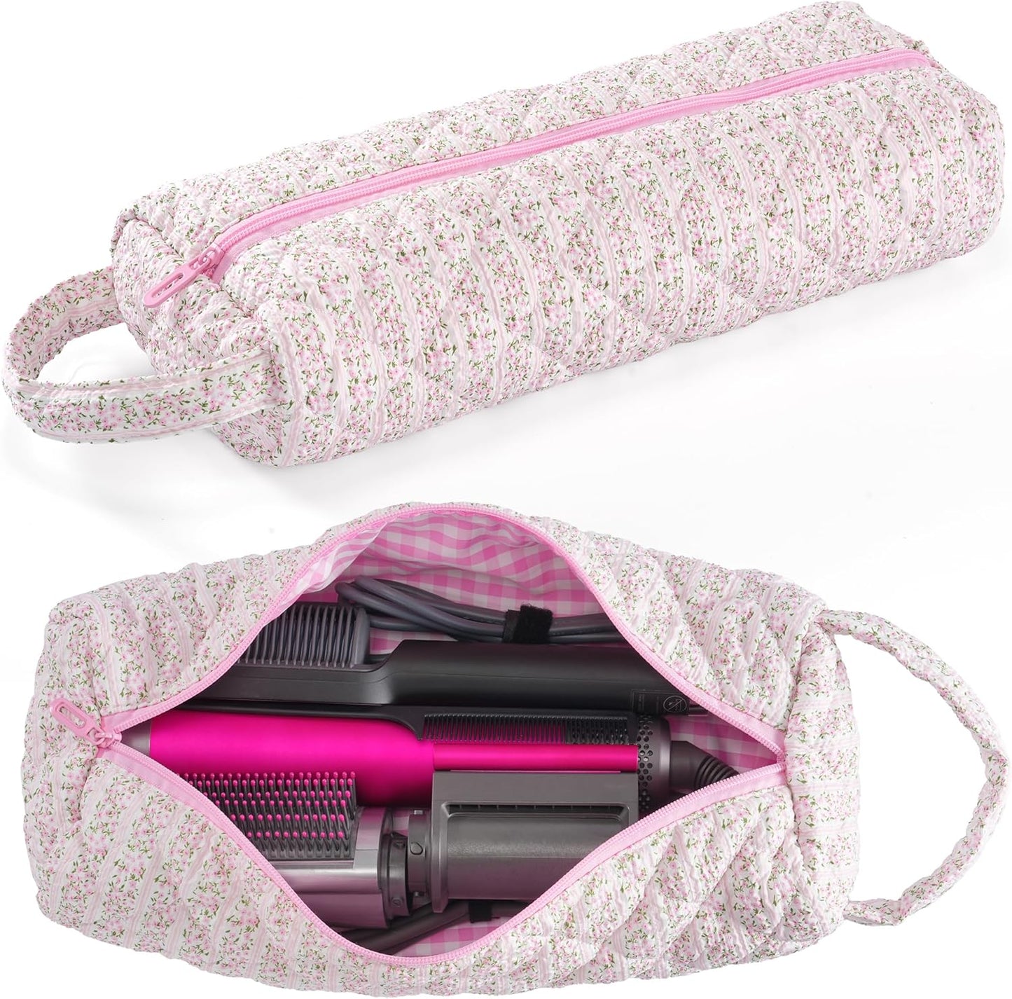 Quilted Hair Tools Travel Bag - Portable Organizer for Dyson Airwrap & Shark FlexStyle | Pink Plaid Floral