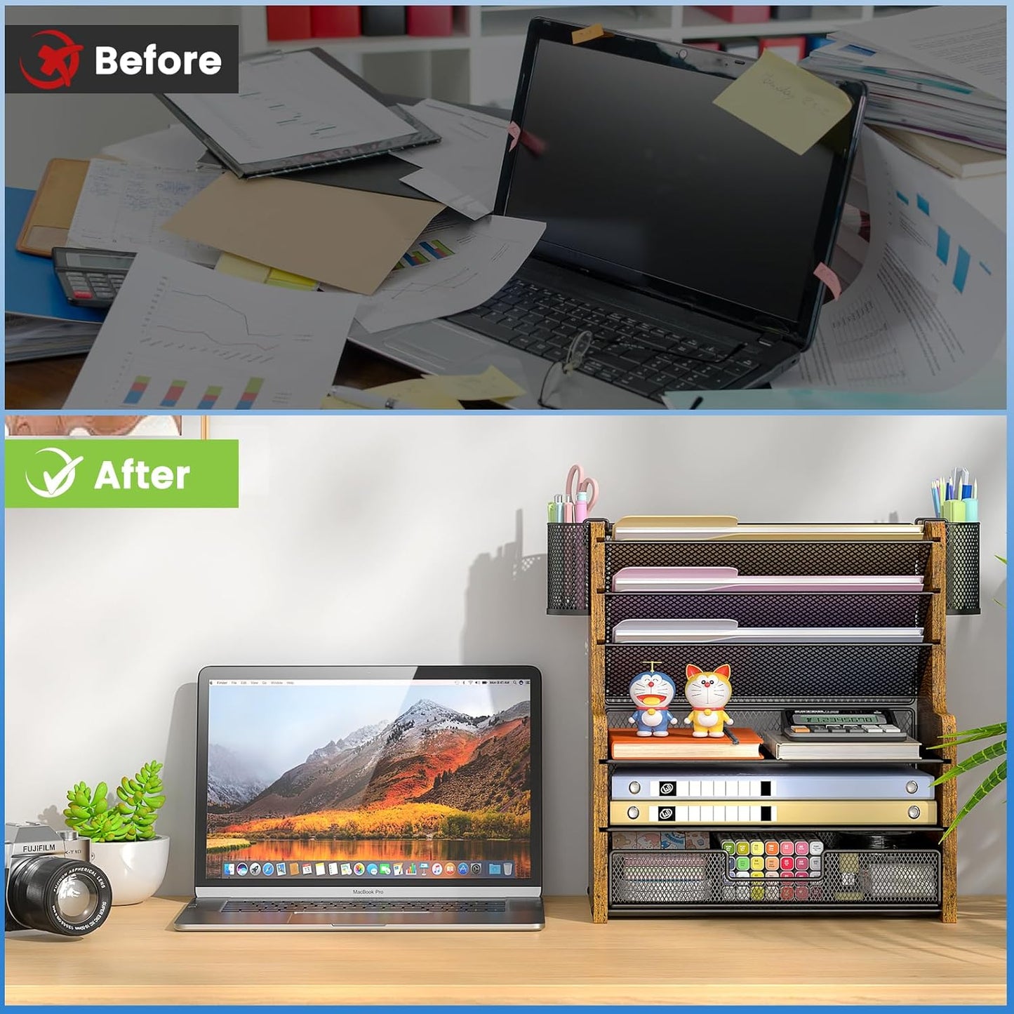 6-Tier Mesh Desk Organizer with Drawer | Sturdy Wooden Office Organizer for Papers & Folders - Space-Saving Design