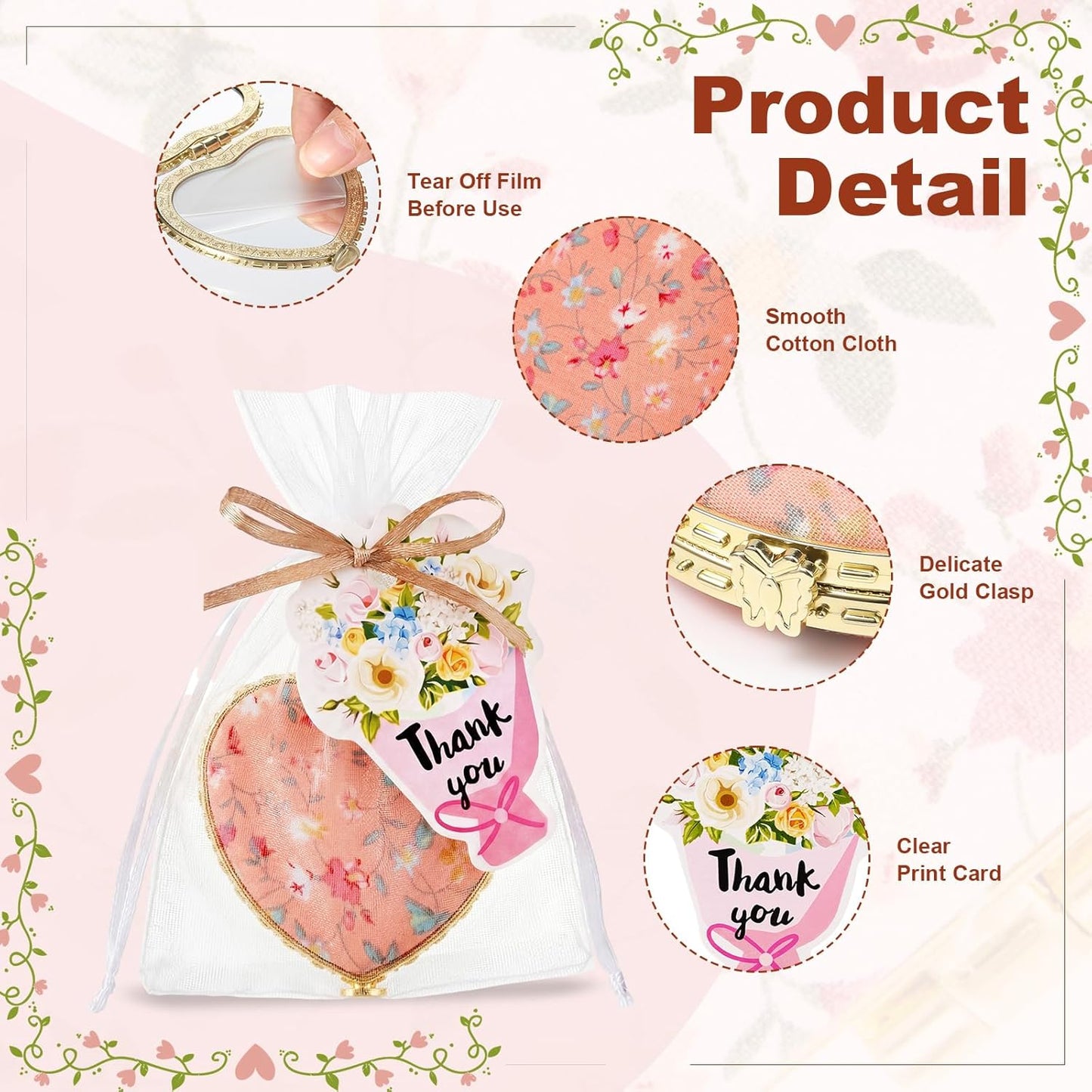 Compact Floral Pocket Mirror Set - 8 Gift Mirrors with Organza Bags & Thank You Cards | Perfect for Diwali, Weddings & Parties