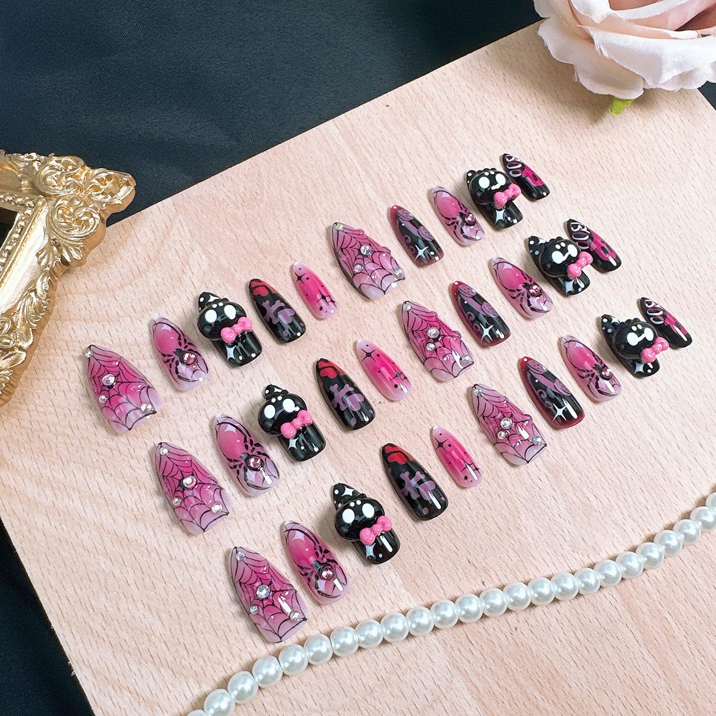30Pcs Halloween Press-On Nails - Medium Almond Acrylic Nails with Skull Rhinestones & Spider Web Design | Pink Ghost Full Cover Tips