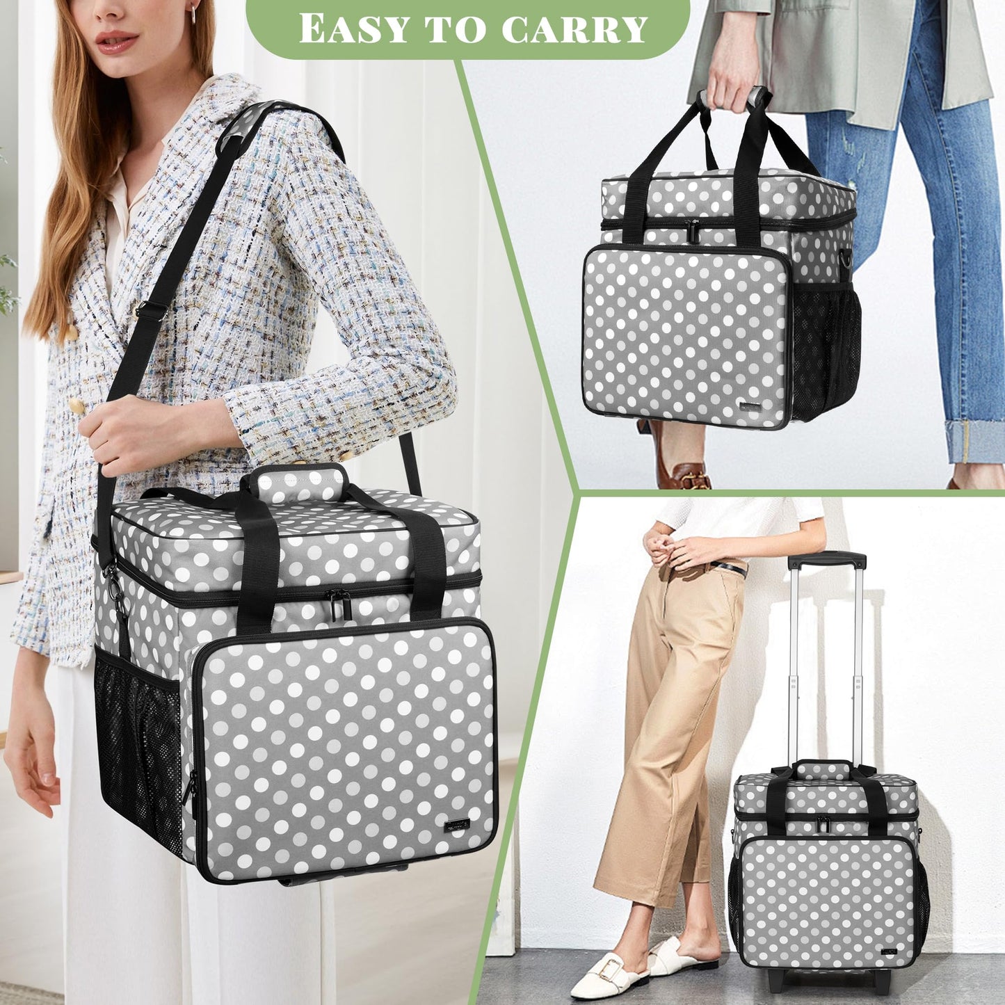 LUXJA Rolling Scrapbook Tote, Scrapbook Bag with Detachable Dolly (Patented Design), Gray Dots