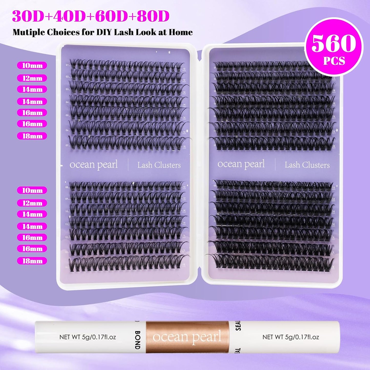 Lash Clusters Kit - 560 Pcs 30D/40D/60D/80D Thick Volume Eyelash Extensions | Individual Lashes 10-18mm with Bond & Seal
