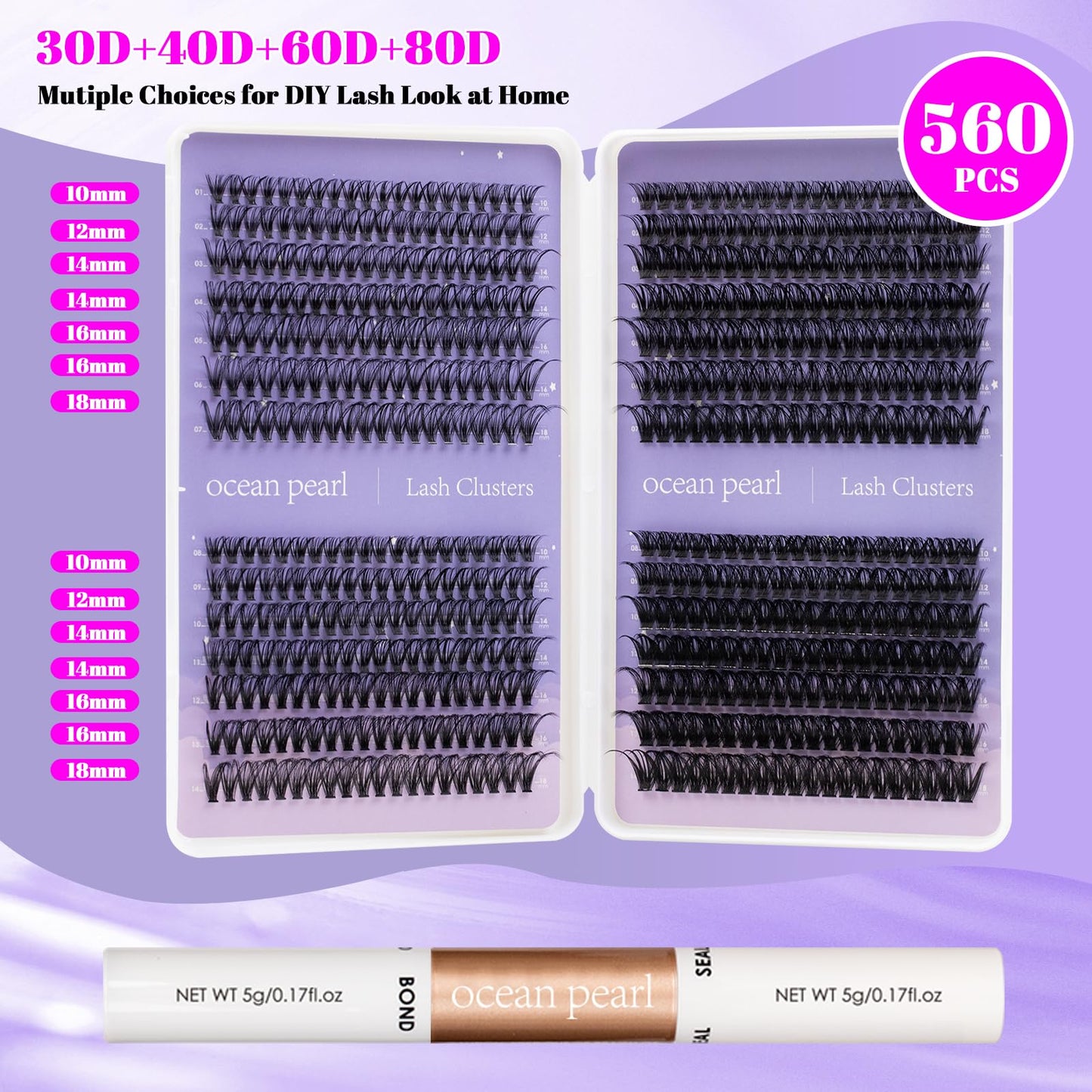 Lash Clusters Kit 560 Pcs 30D/40D/60D/80D Lashes Clusters Thick Volume Eyelash Extensions 10-18mm Individual Lahses Thin Band Cluster Lashes with Bond and Seal False Eyelashes Extensions Kit-30-80D