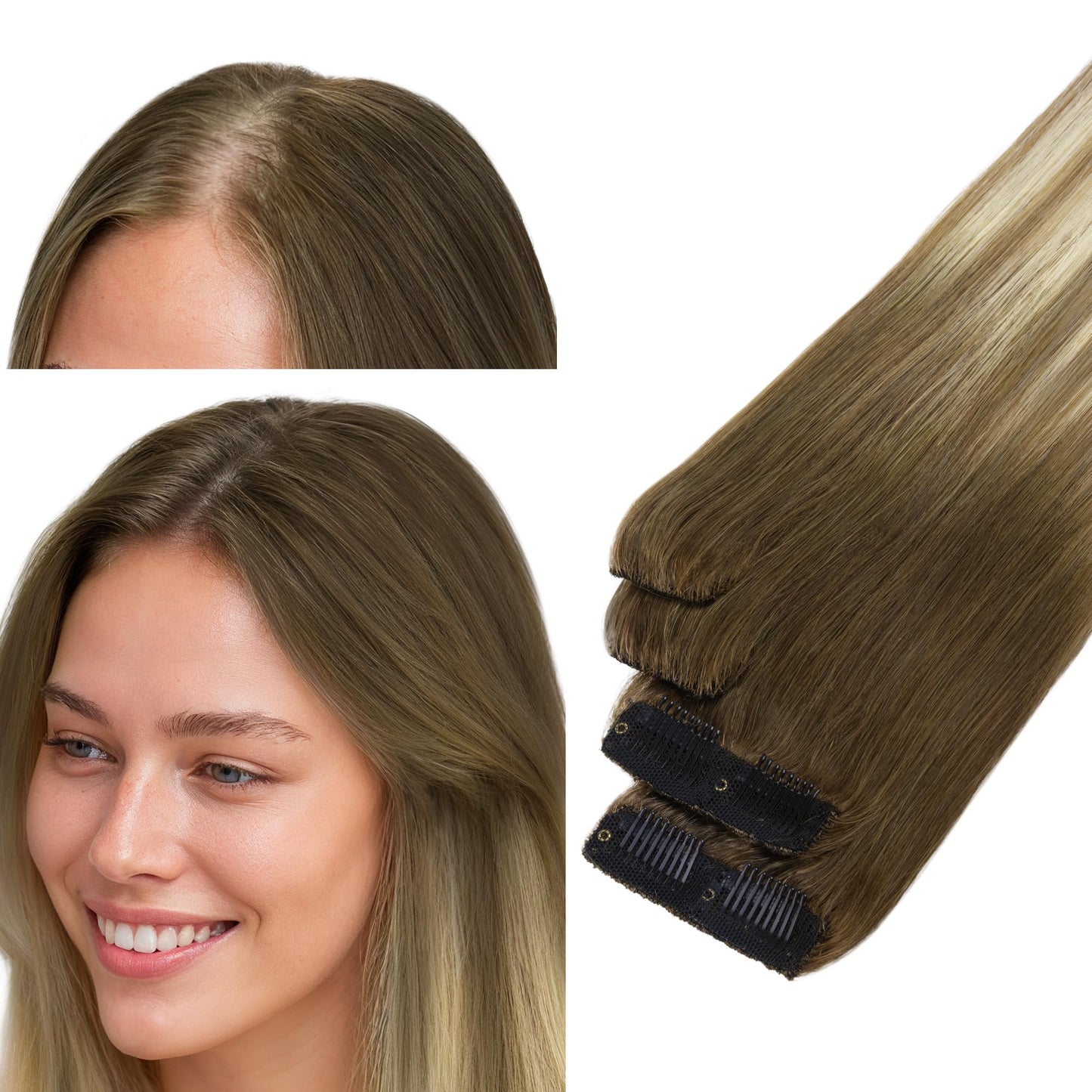 GOO GOO Scalp Hair Fill Ins, Clip in Hair Extensions, Human Hair Pieces for Women With Thinning Hair, 16/22 Light Blonde Highlighted Golden Blonde, 14inch 30g 4Pcs