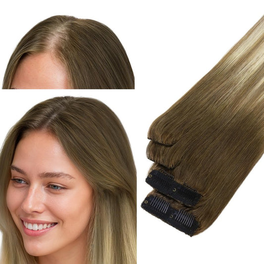GOO GOO Scalp Hair Fill Ins, Clip in Hair Extensions, Human Hair Pieces for Women With Thinning Hair, 16/22 Light Blonde Highlighted Golden Blonde, 14inch 30g 4Pcs