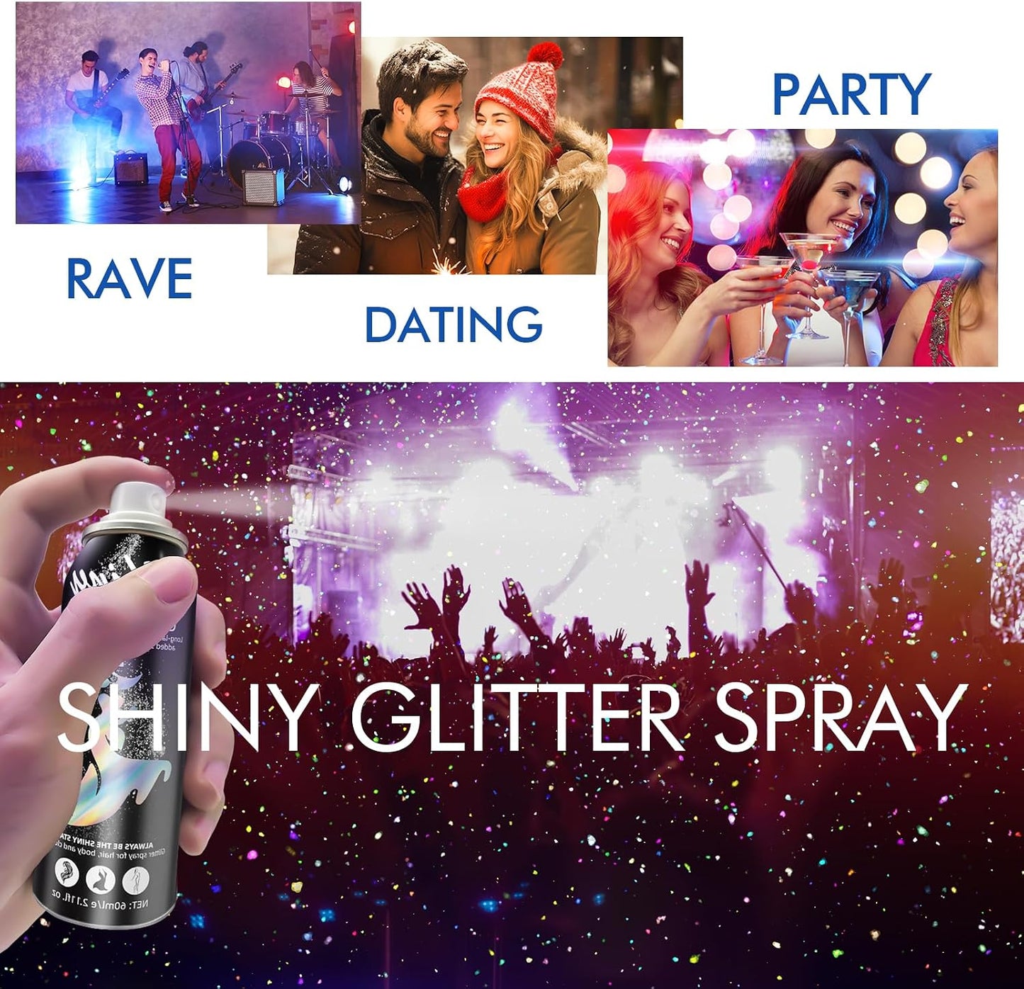 Body Glitter Spray - Long-Lasting Silver Glitter for Hair & Body | Quick-Drying 2.11 Fl Oz for Festivals & Raves