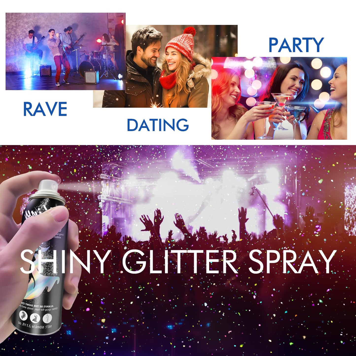 Ragkun Body Glitter, Body Glitter Spray, Glitter Spray for Hair and Body, Long-Lasting and Quick-Drying Silver Glitter Hairspray Suitable for Stage, Festival Rave and Makeup Prom (2.11 Fl Oz)