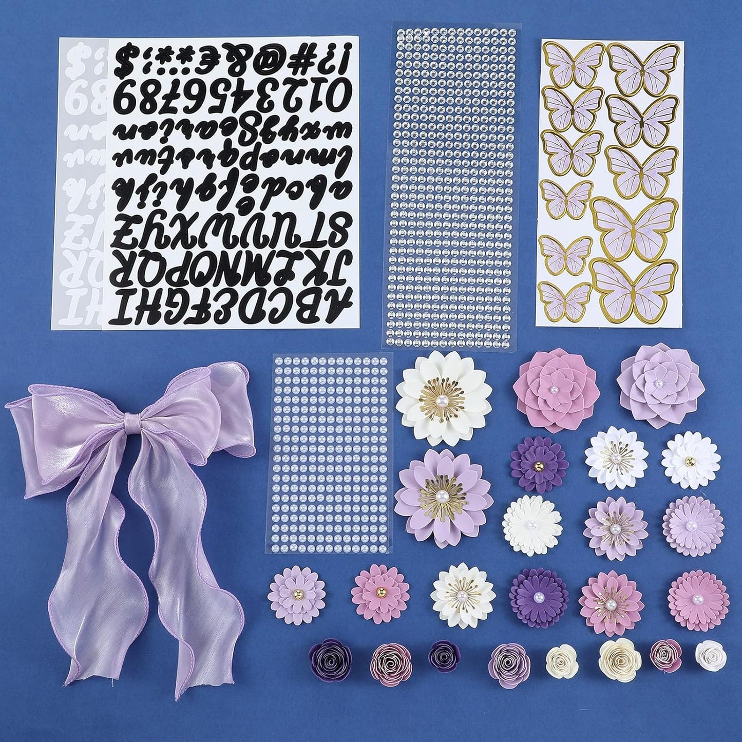 DIY Graduation Cap Decorations Kit - 46 Pcs with Paper Flowers, 3D Butterflies, Rhinestones & Ribbon Bow | Purple