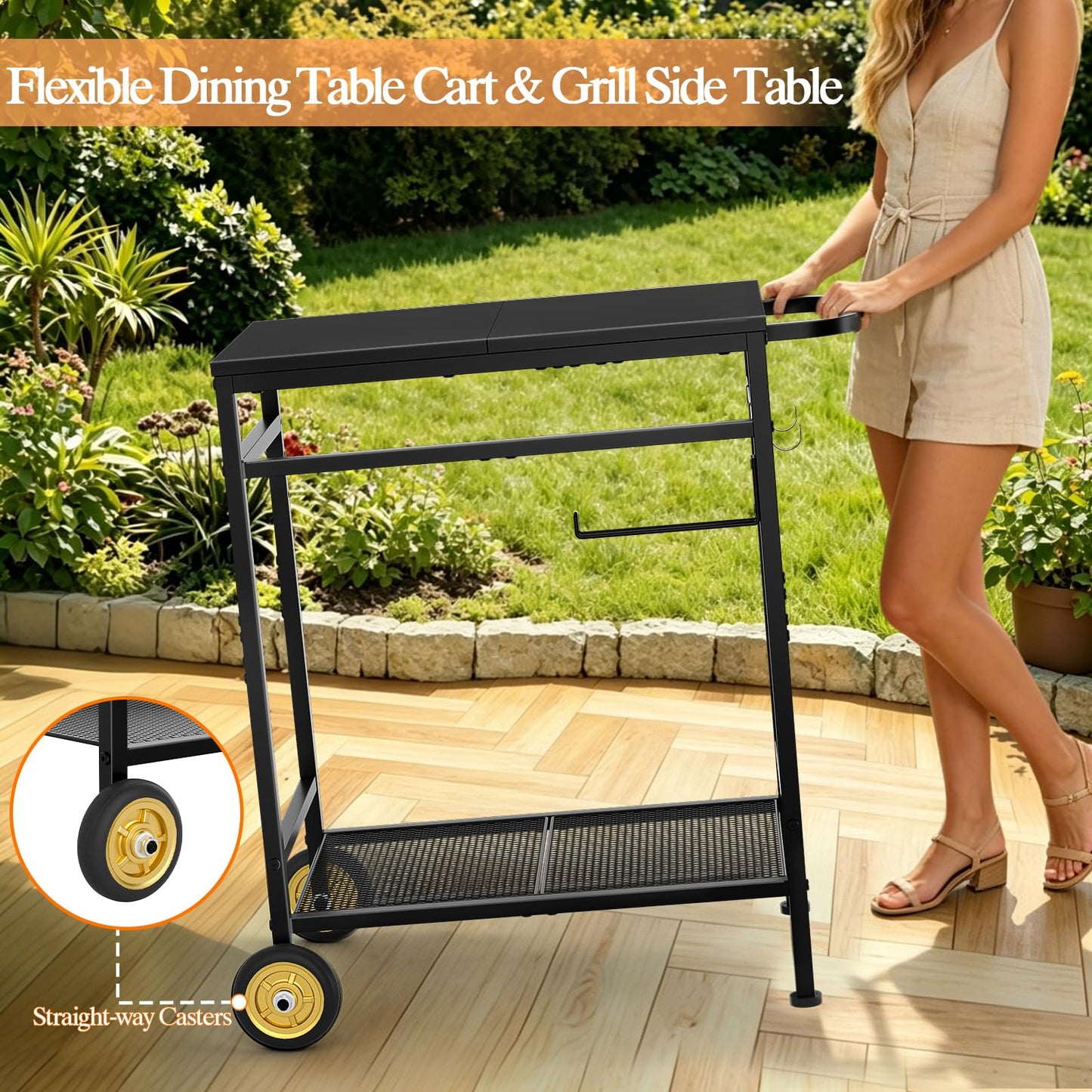 2-Tier Outdoor Grill Table with Wheels, Movable Cooking Food Prep Table for Outside BBQ Gathering, with 23.62" Lx 15.75" W Rust-resistant Tabletop, Griddle Stand for Patio & Backyard & Tools Room