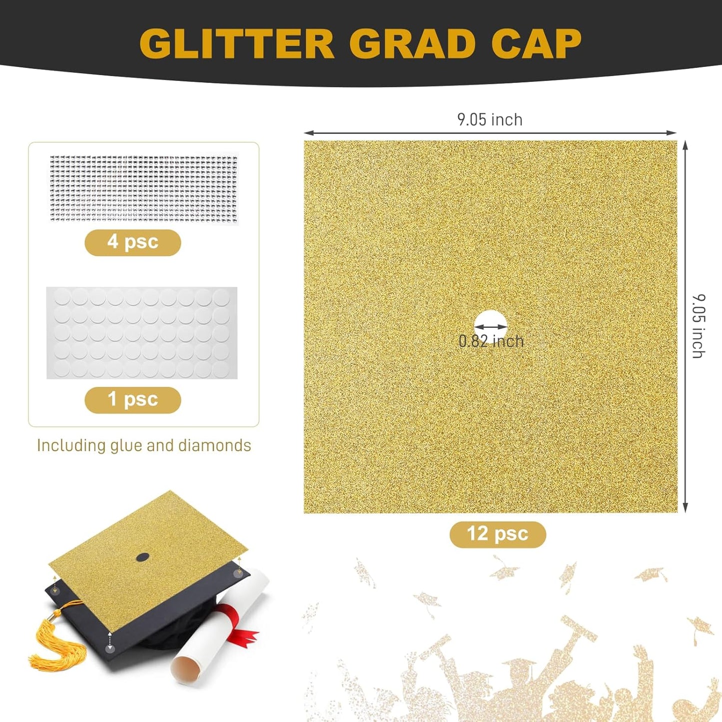 Graduation Cap Decorations Kit - 12 Pcs Glitter Cardstock & 4 Pcs Gemstone Stickers | DIY Grad Cap Toppers