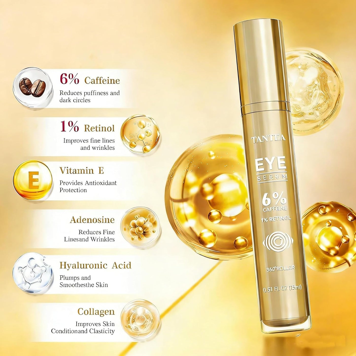 Caffeine Eye Cream for Dark Circles & Puffiness - Retinol Anti-Aging Serum for All Skin Types (0.52 Fl Oz)