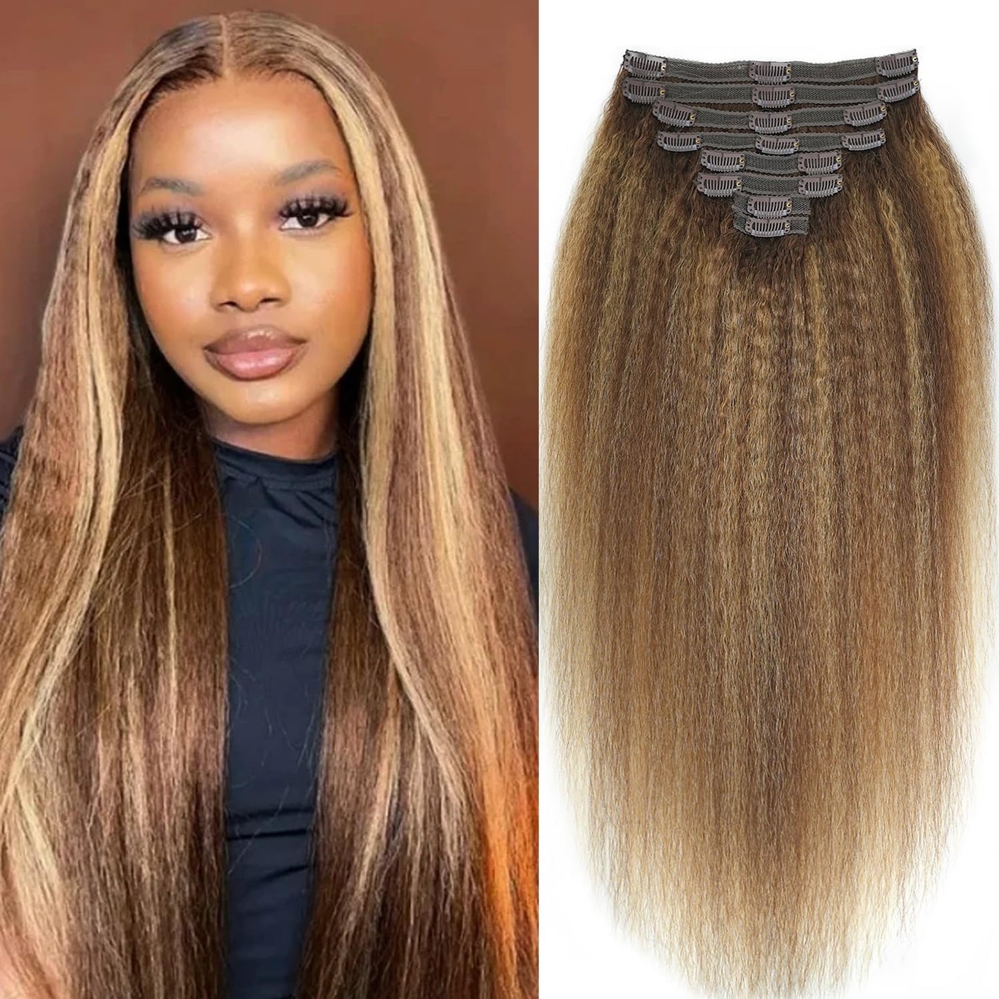 Mihugass Omber 24 Inch Kinky Straight Clip ins Human Hair Extensions Highlight Clip in Hair Extensions Real Human For Women Unprocessed Clip on Hair Extensions(24inch,#4/27/4)