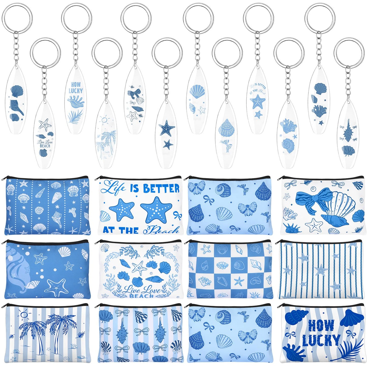 24 Pcs Ocean Themed Cosmetic Bags Bulk Gifts Include Blue Coastal Canvas Zipper Makeup Bags Ocean Keychain Starfish Seashell Portable Travel Toiletry Pouches for Girl Summer Beach Birthday Supplies