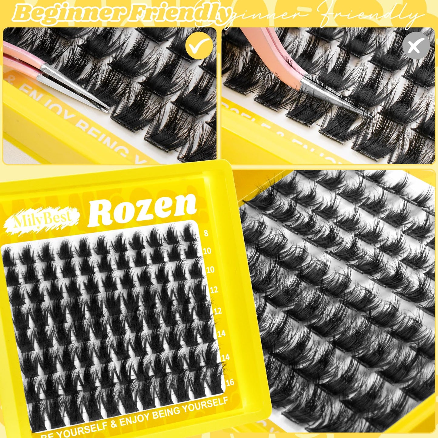 MilyBest Rozen Lash Clusters with Spikes, Fluffy Wispy Cluster Eyelash Extensions, 88pcs DIY Individual Lashes D Curl - Natural Volume to Fairy Glam, 8-16mm Eyelash Clusters