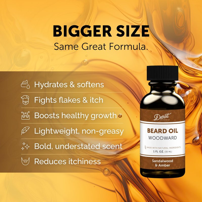 Detroit Grooming Co. Beard Oil (2oz) - Sandalwood & Amber - Premium Nourishing Formula with Sweet Almond Oil & Vitamin E - Men's Beard Softener & Moisturizer - Double Size