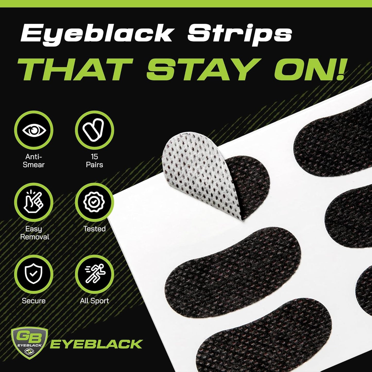 Breathable Eye Strips - Peel & Stick Athletic Eyeblack for Game Day | No Mess, Green Camo, 15 Pairs