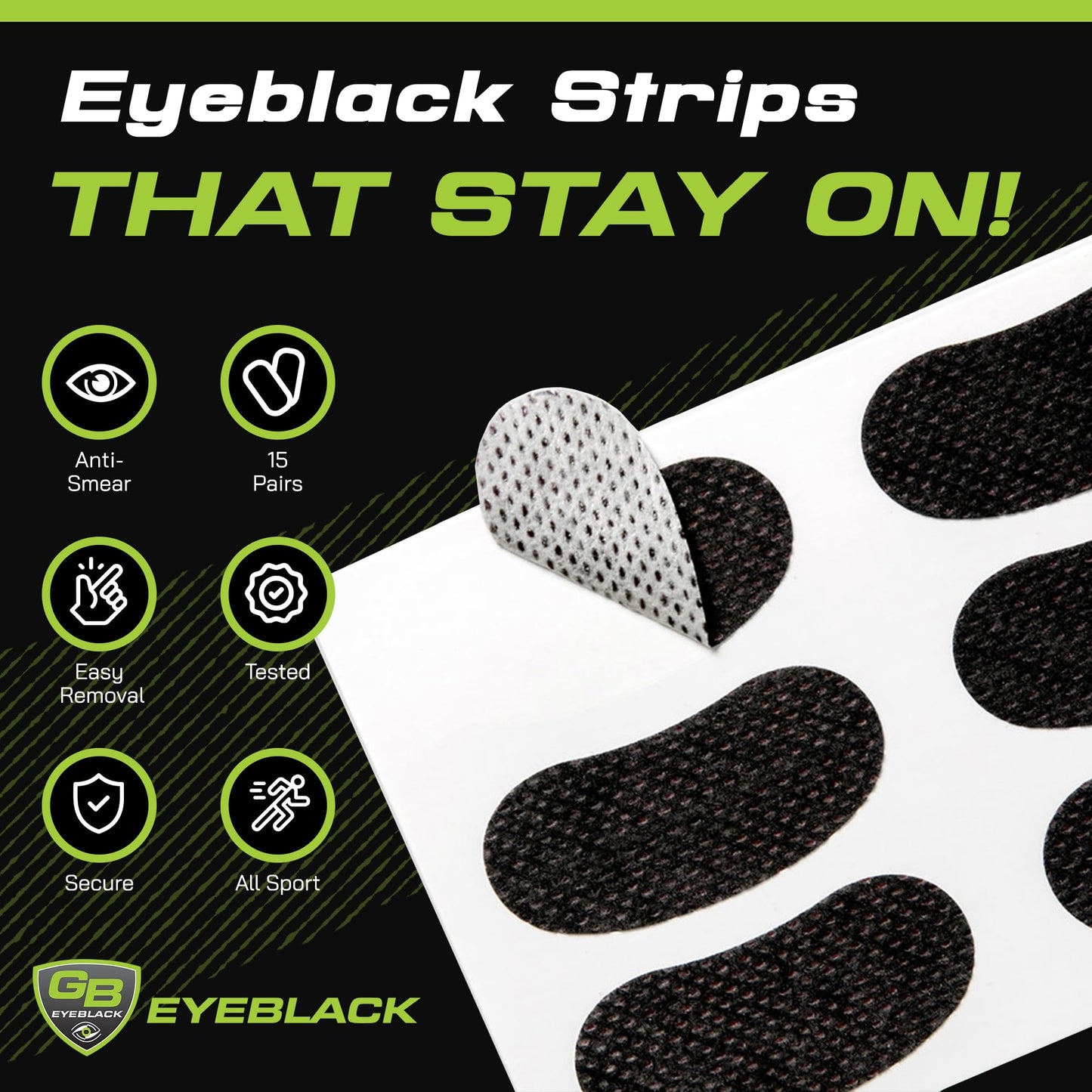GB Eyeblack 15 Pairs Breathable Eye Strips - Peel & Stick Athletic Eyeblack Stickers for Baseball Football Softball Lacrosse Fans on Game Day | No Mess, Won't Fall Off, Worn by The Pros (Night Camo)