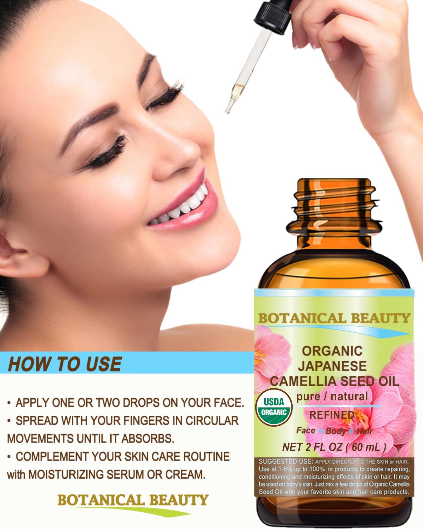 Botanical Beauty Japanese ORGANIC CAMELLIA Seed Oil. 100% Pure Natural Undiluted Refined Cold Pressed Carrier Oil to revitalize and rejuvenate the hair, skin and nails. 4 Fl. oz 120 ml