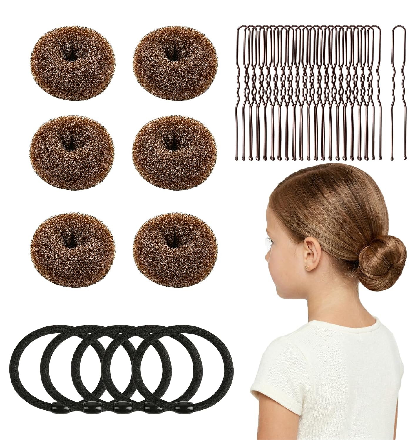 Small Hair Donut Bun Maker Set - 6 Pcs Firm Hold Chignon Ring for Thin Hair | Includes 5 Hair Ties & 20 U Pins - Beige
