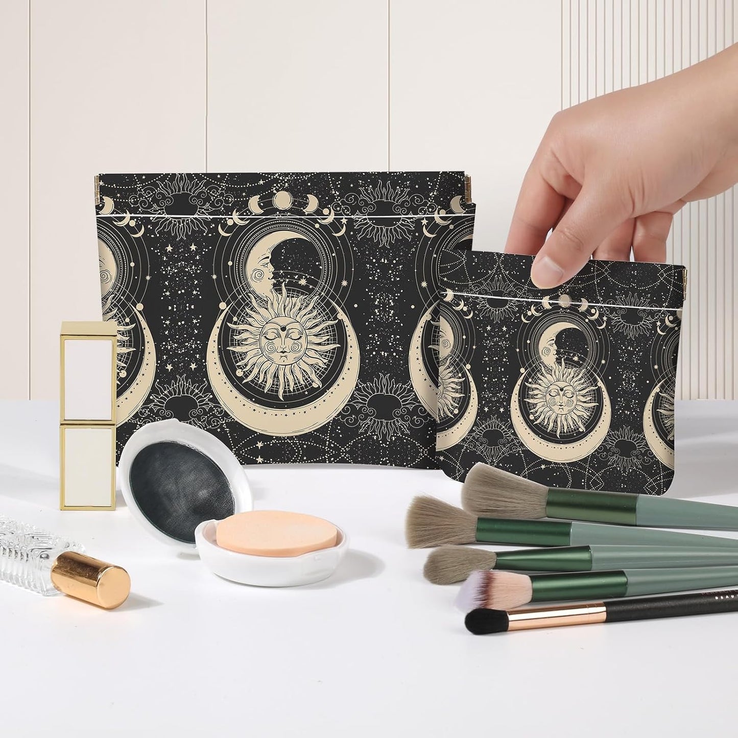 Makeup Bag Set - 2 PCS PU Leather Cosmetic Organizer | Portable Self-Closing Pouch for Women - Sun-Moon Face Design